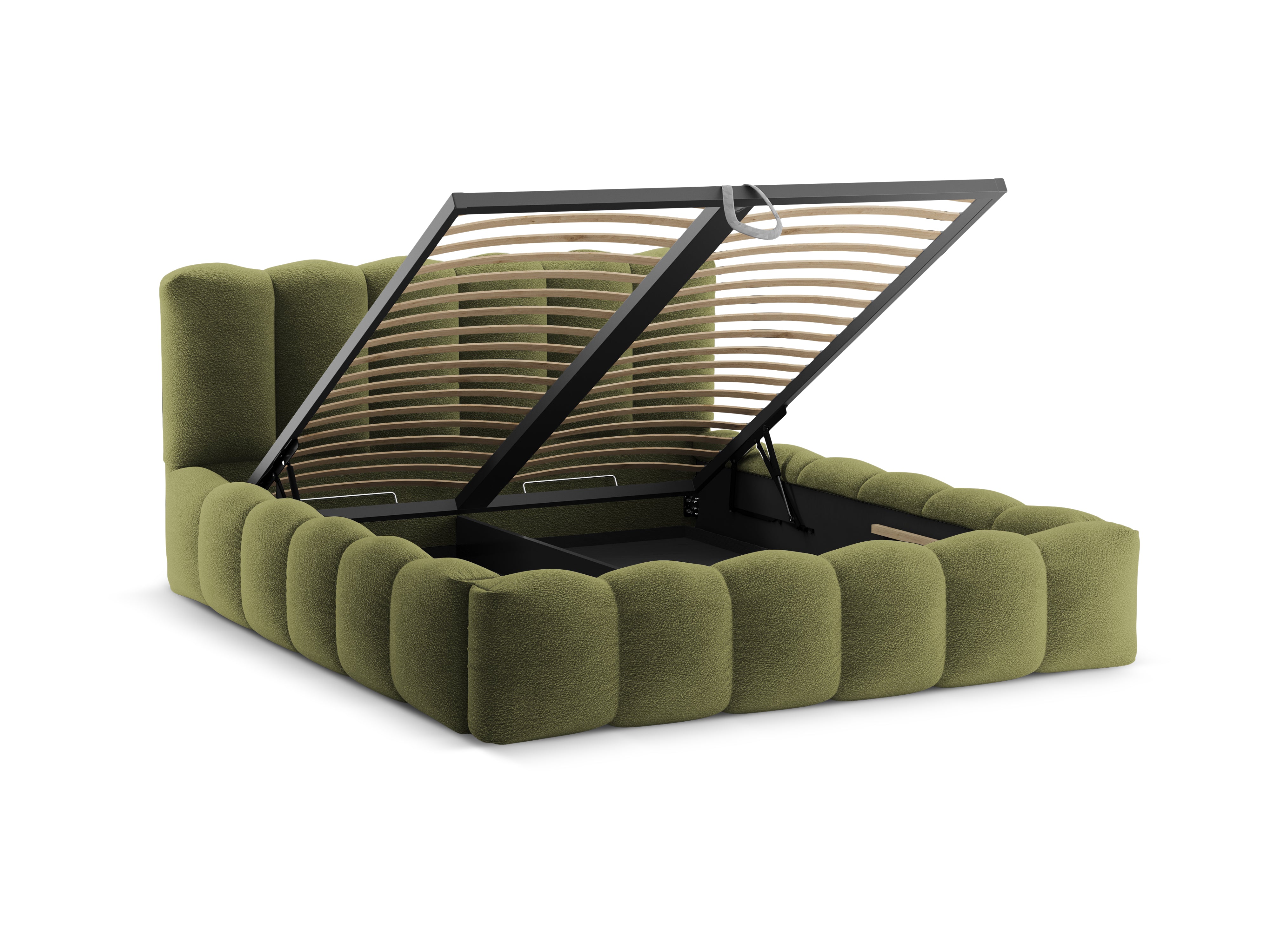 LUPINE Bed with Storage for Bedding in Olive Boucle