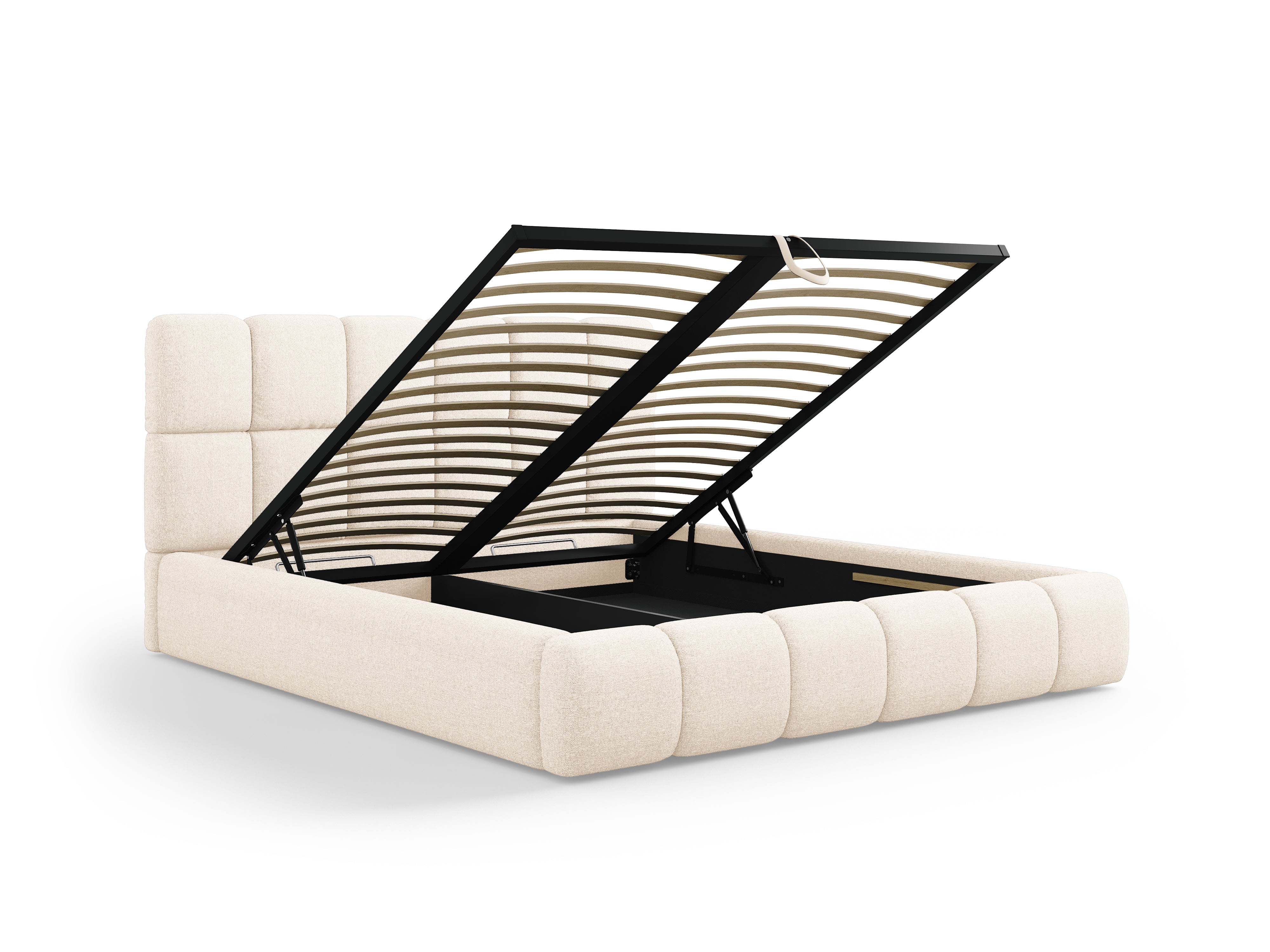 BELLIS Bed with Storage for Bedding in Light Beige Silky Chenille