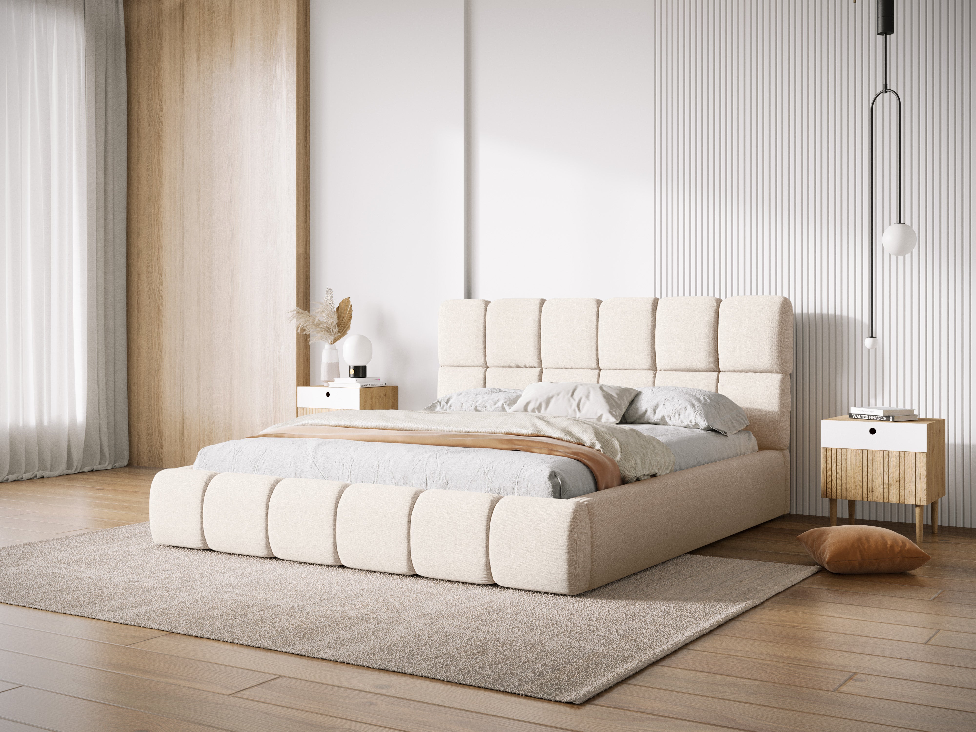 BELLIS Bed with Storage for Bedding in Light Beige Silky Chenille