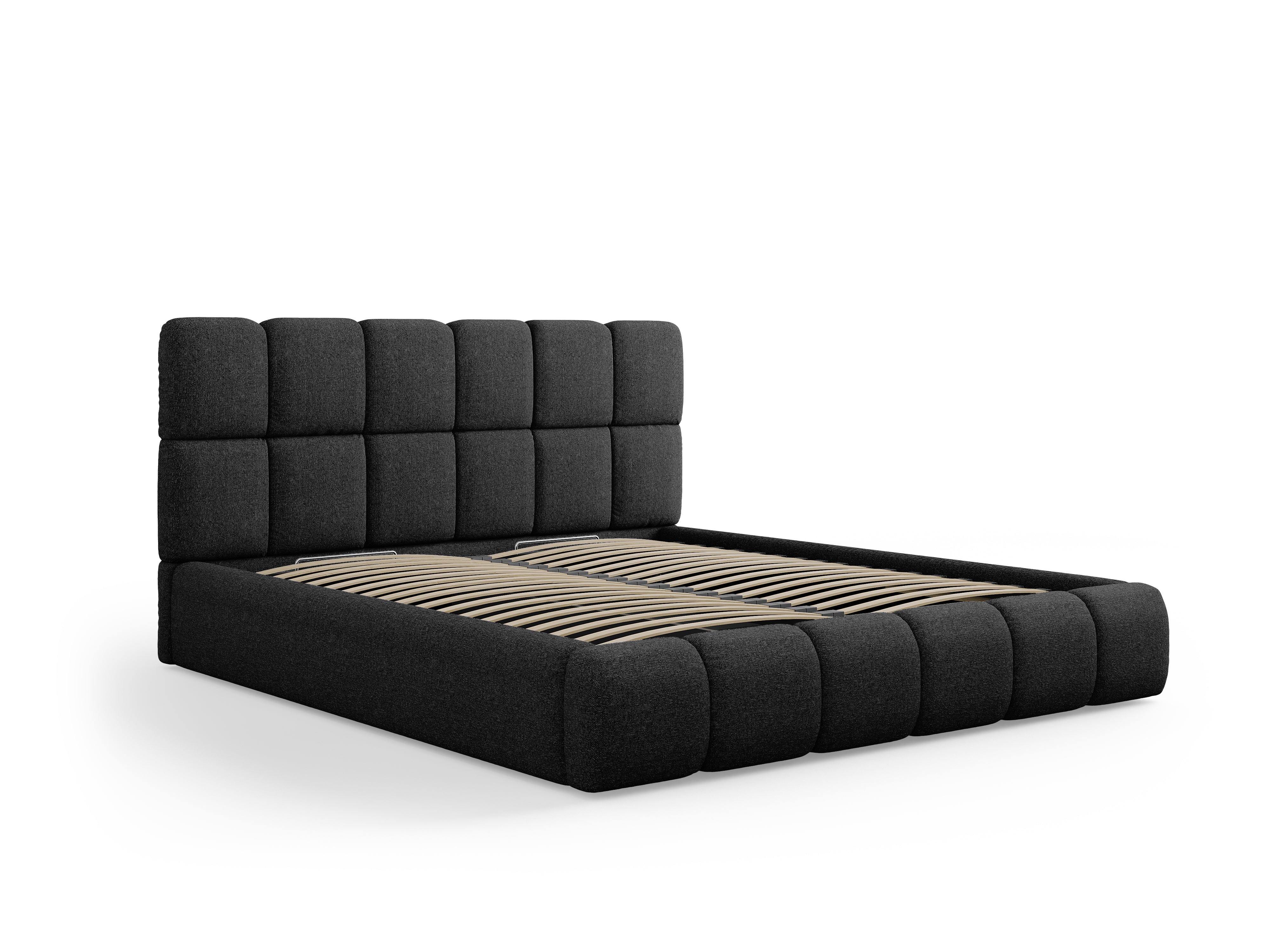 BELLIS Bed with Storage for Bedding in Black Silky Chenille