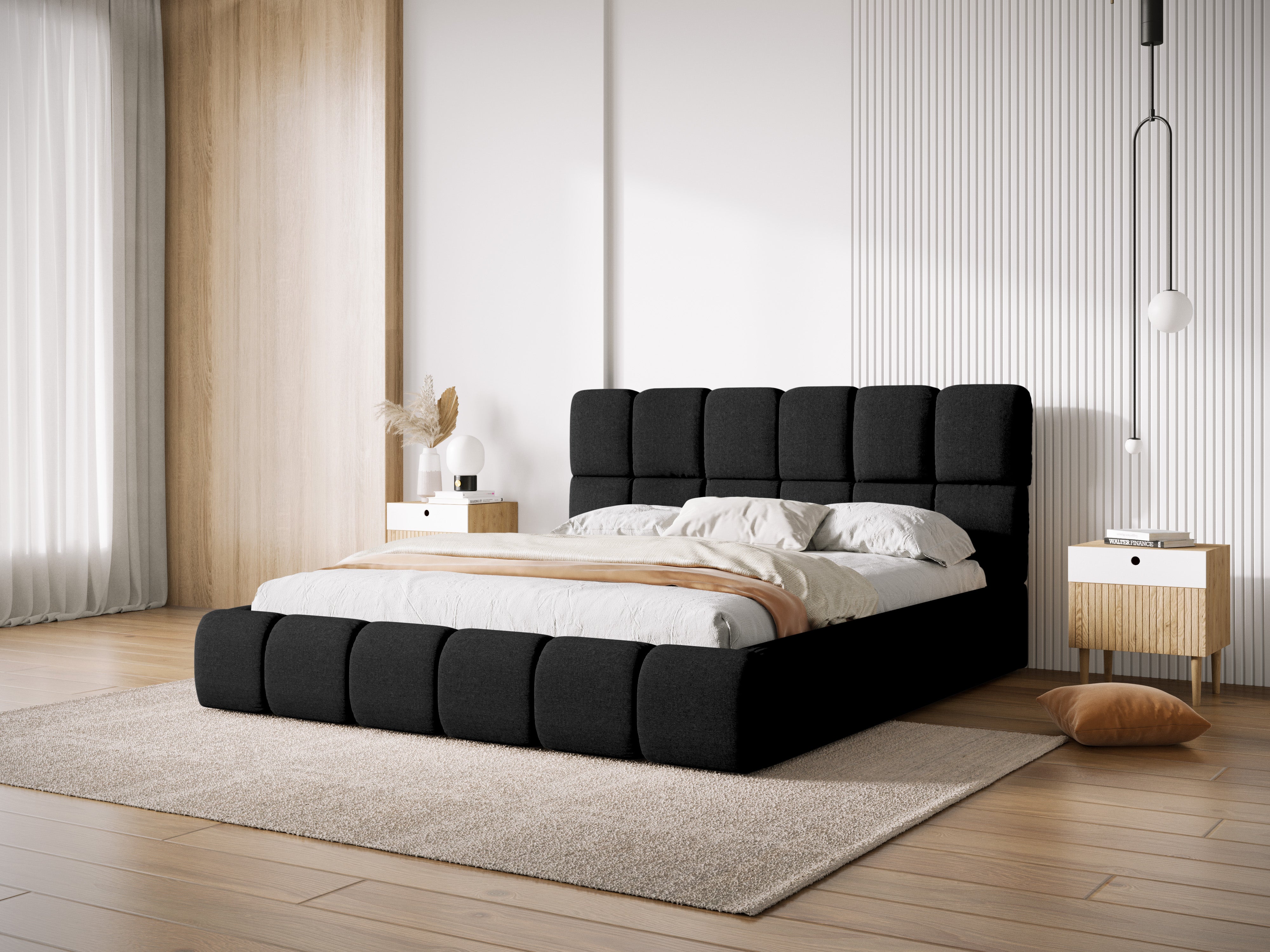 BELLIS Bed with Storage for Bedding in Black Silky Chenille