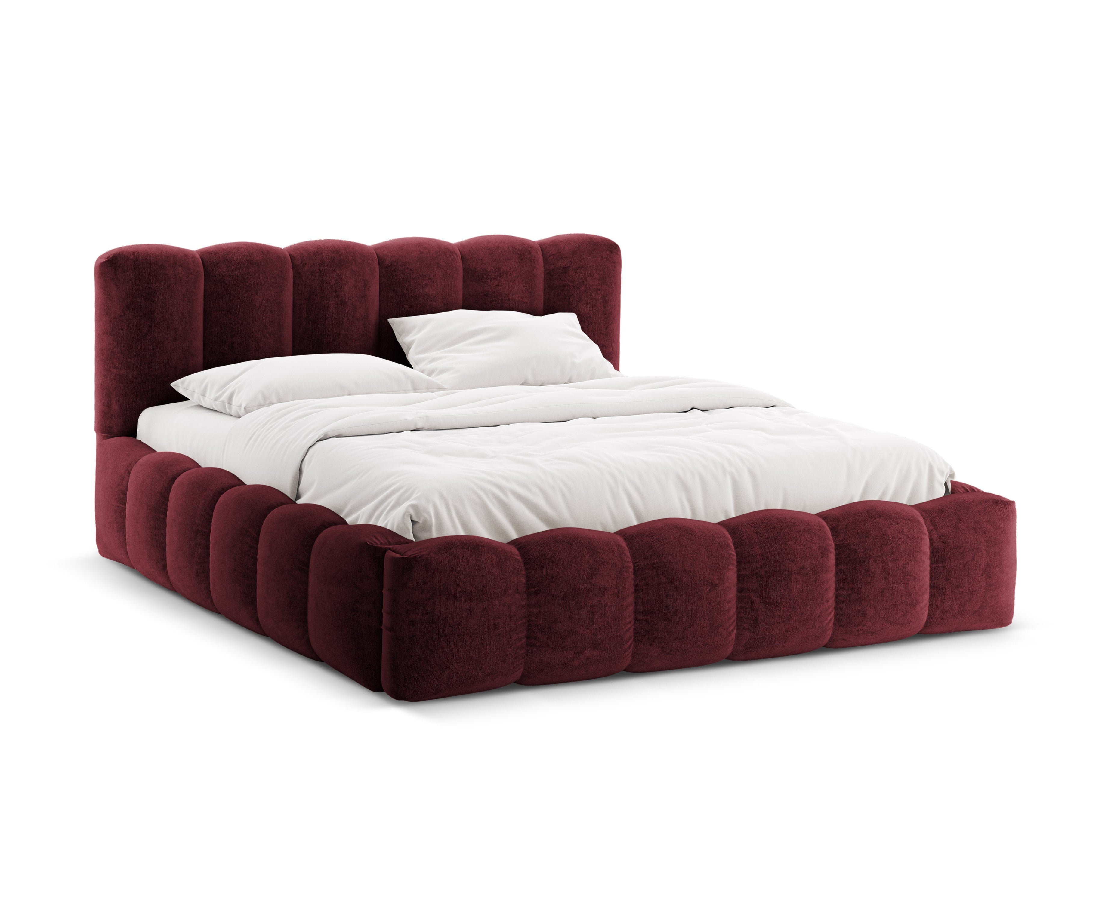 LUPINE bed with storage for bedding in cherry chenille