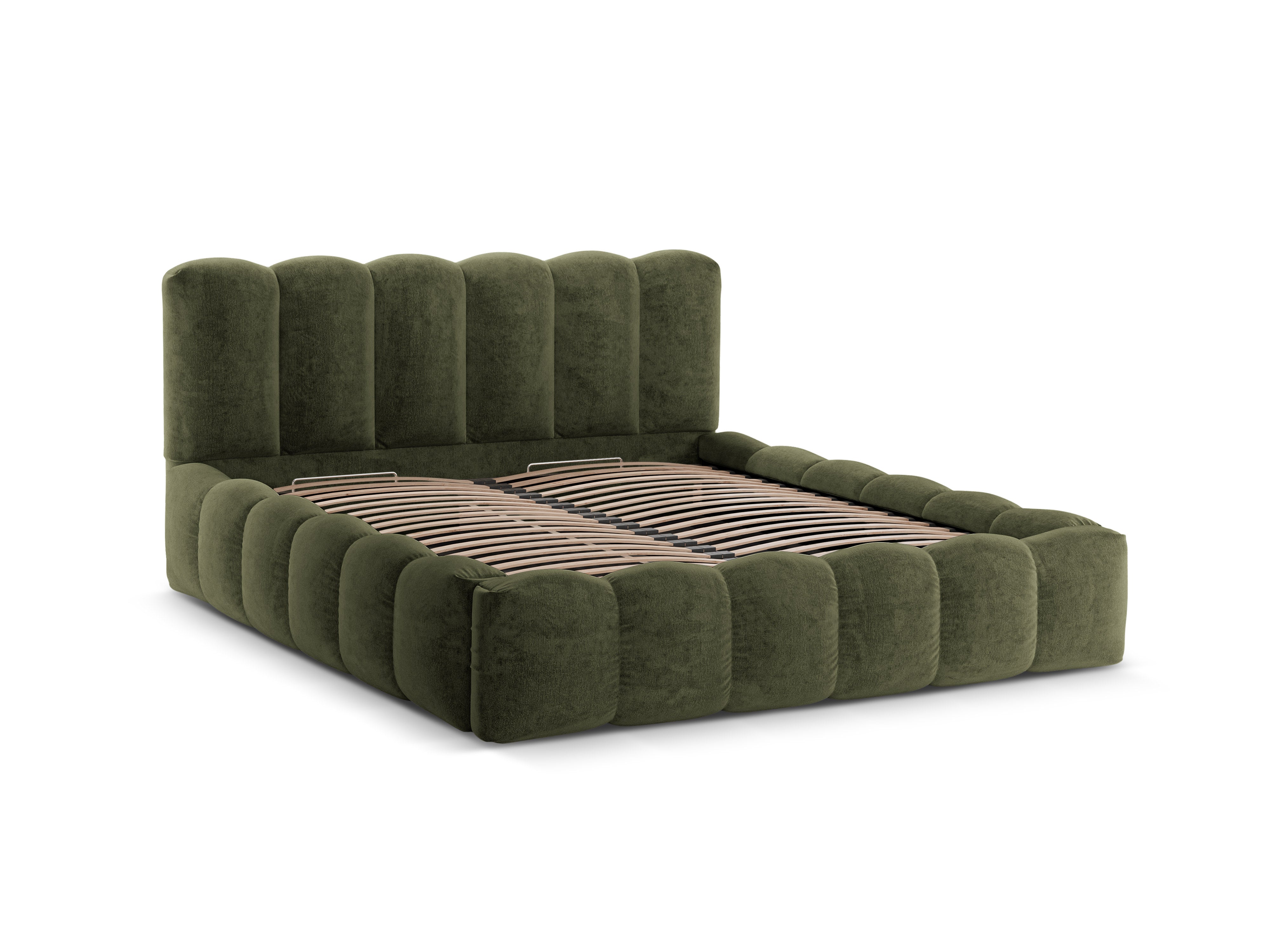 LUPINE bed with storage for bedding in green chenille