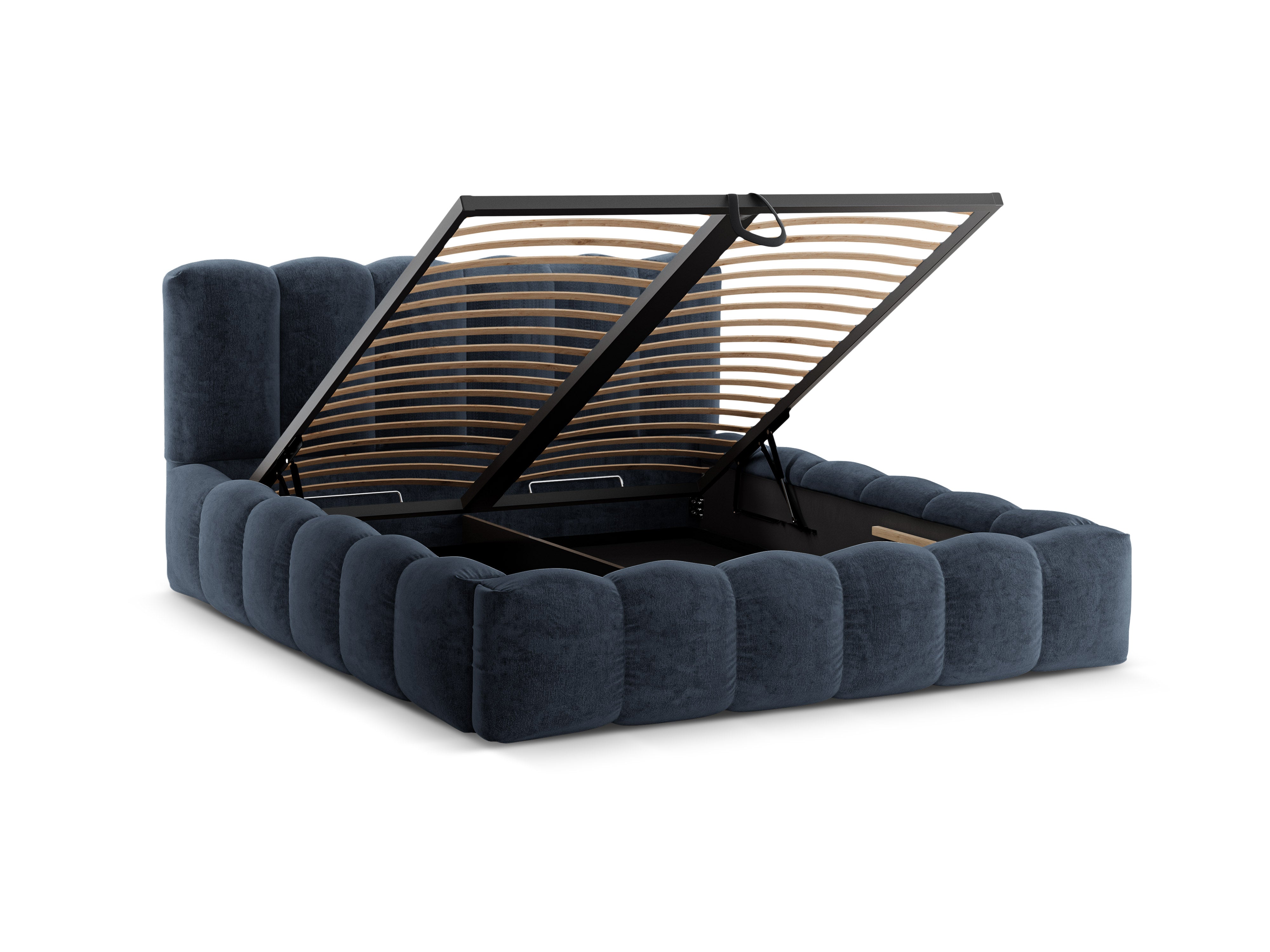 LUPINE bed with storage for bedding in dark blue chenille