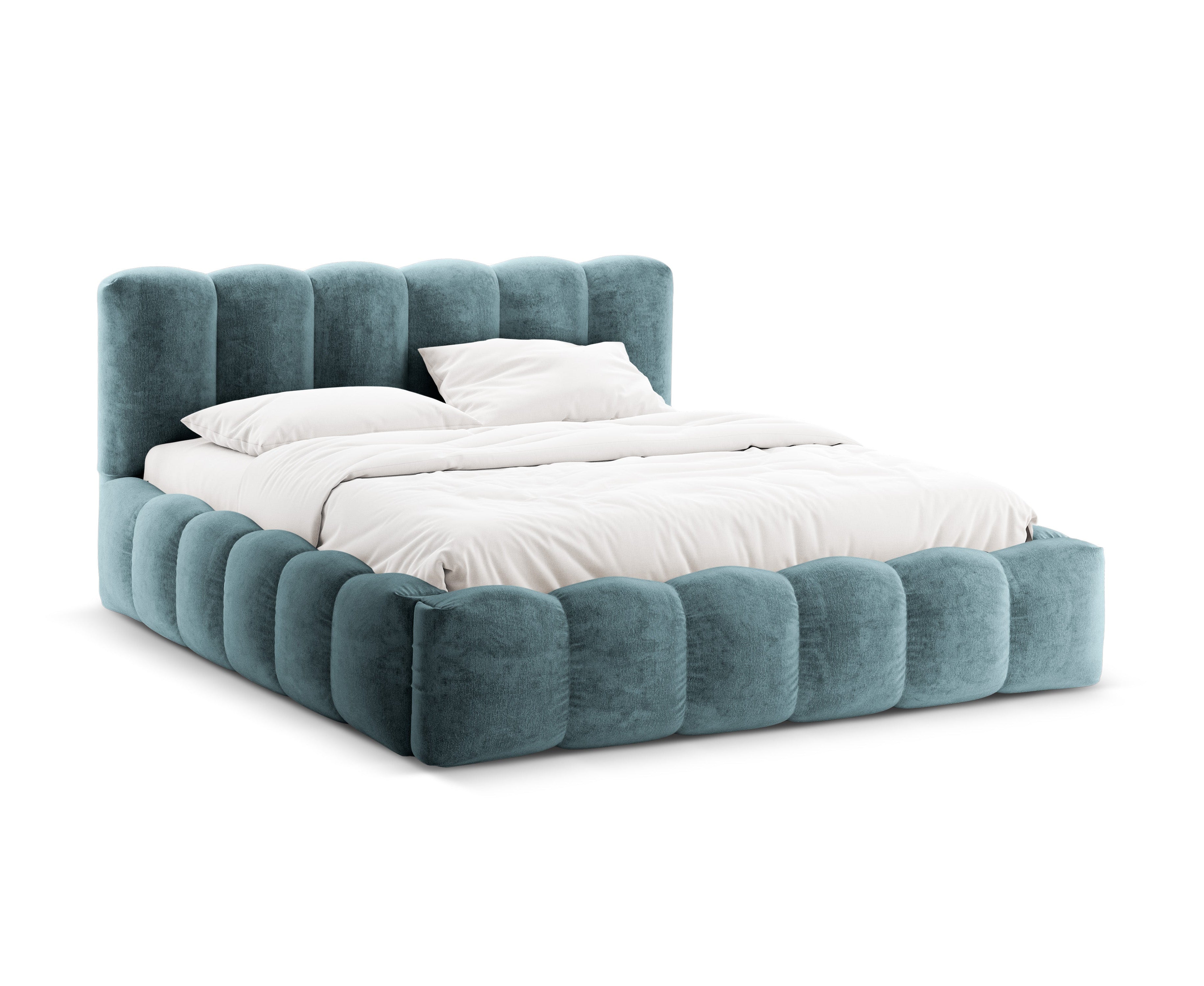LUPINE bed with storage for bedding in denim blue iridescent chenille