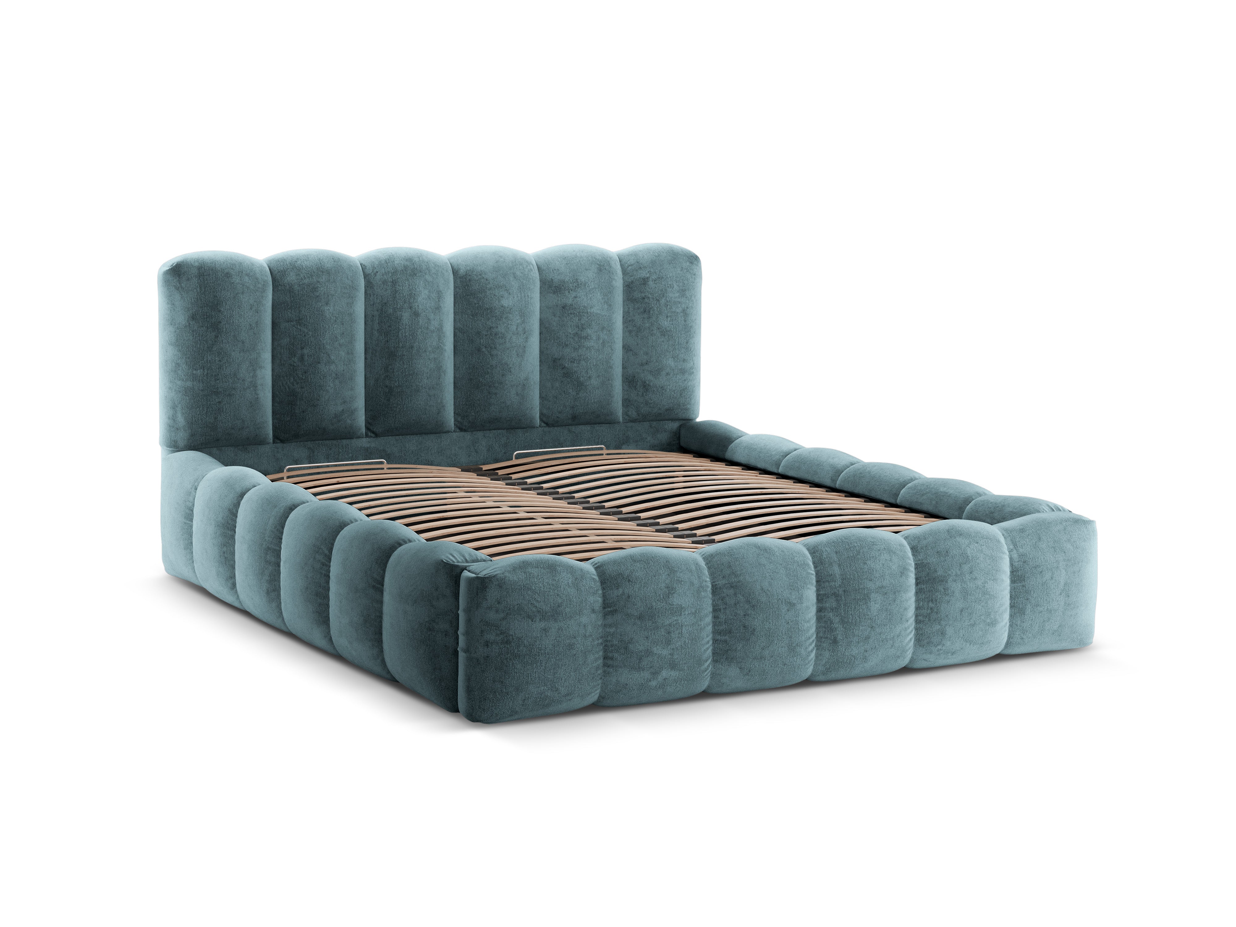 LUPINE bed with storage for bedding in denim blue iridescent chenille