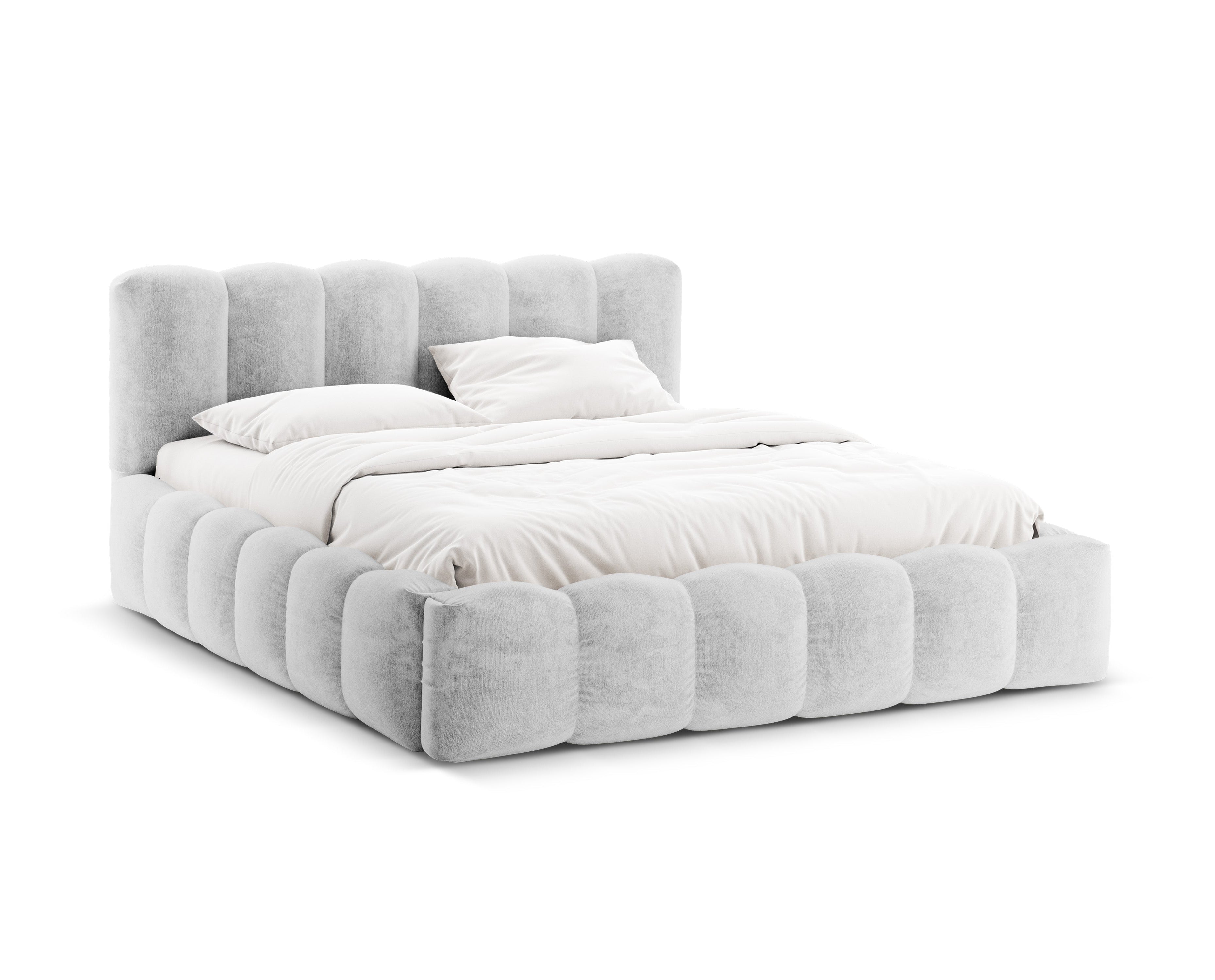 LUPINE bed with storage for bedding in silver iridescent chenille