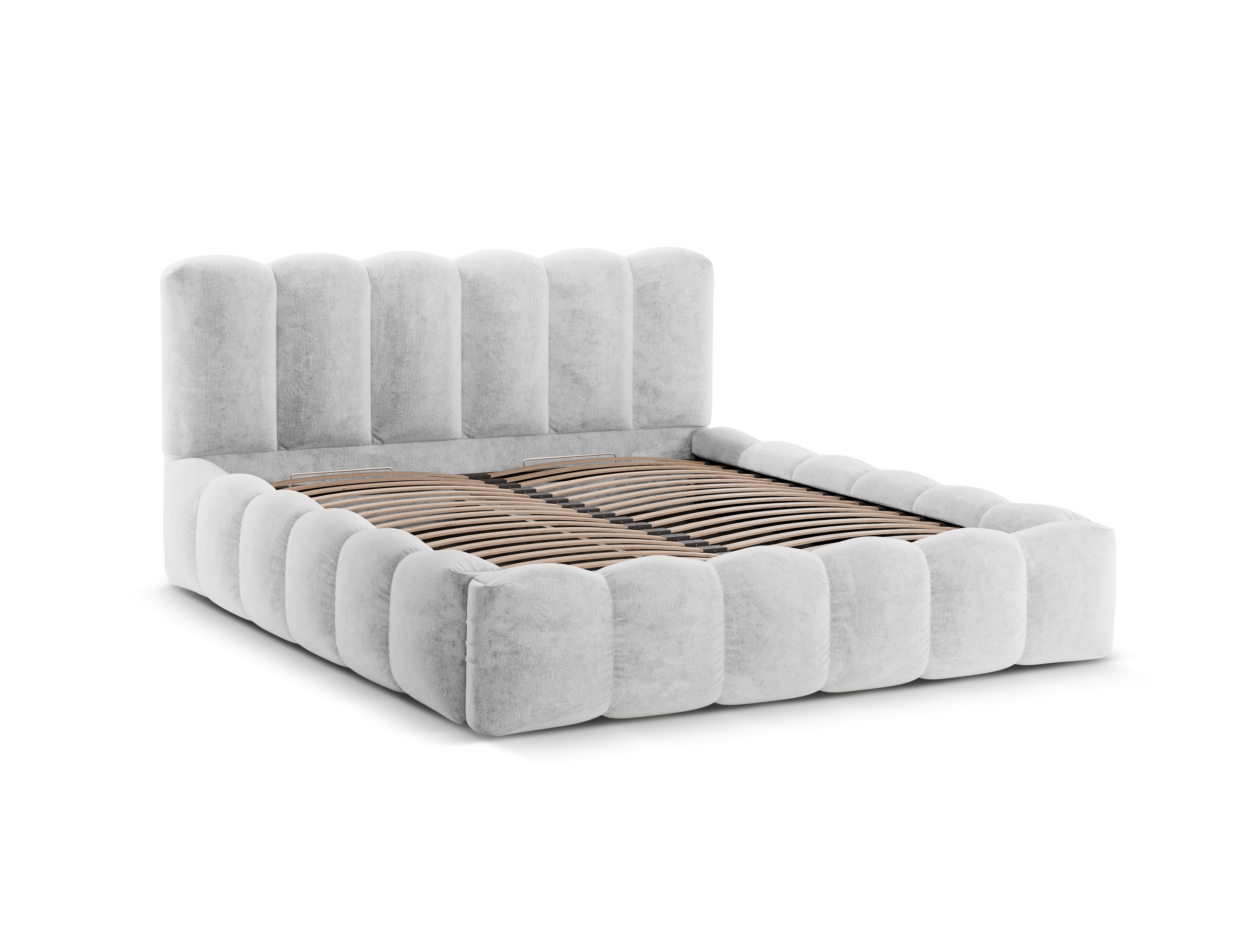 LUPINE bed with storage for bedding in silver iridescent chenille