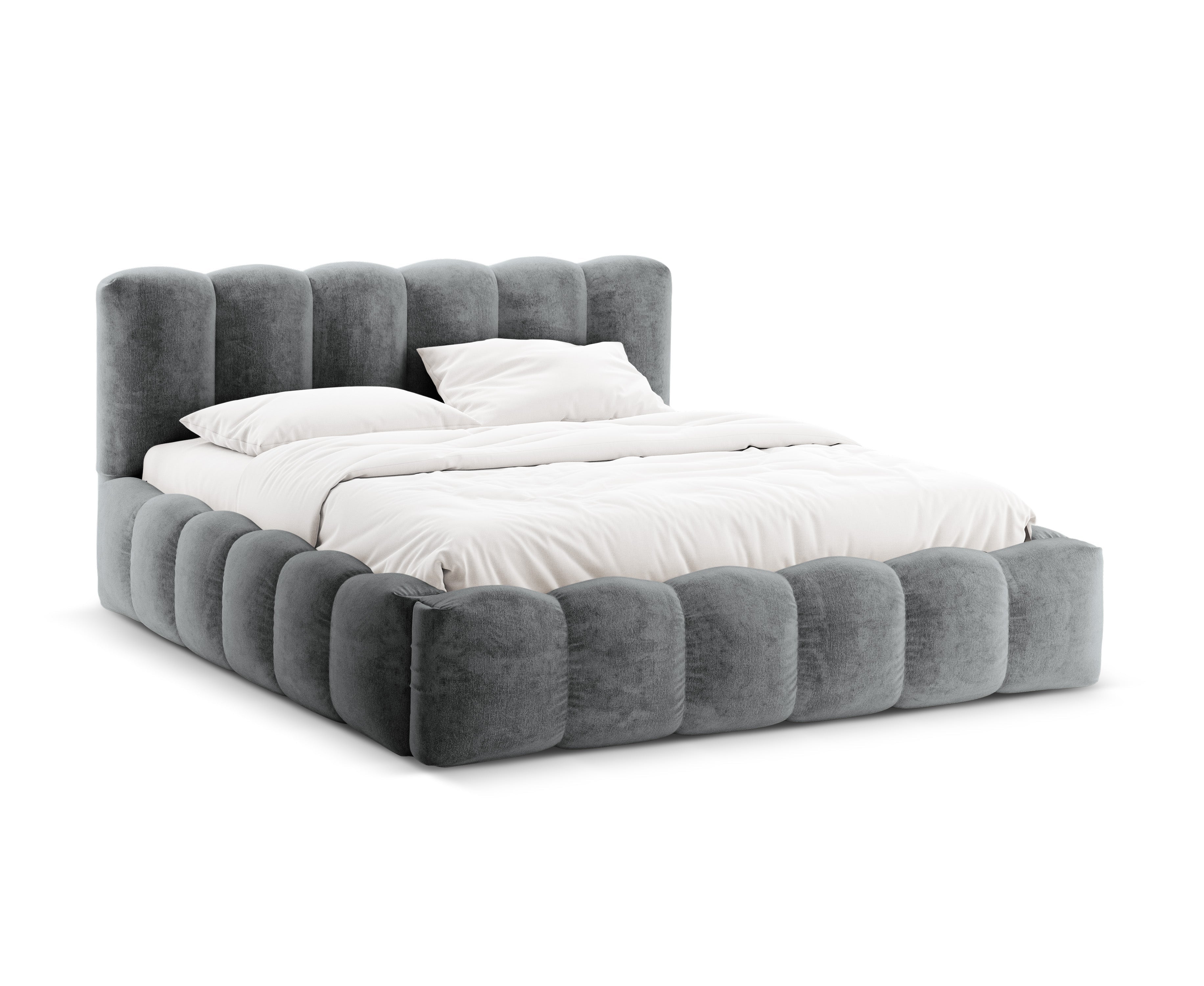 LUPINE bed with storage for bedding in platinum iridescent chenille