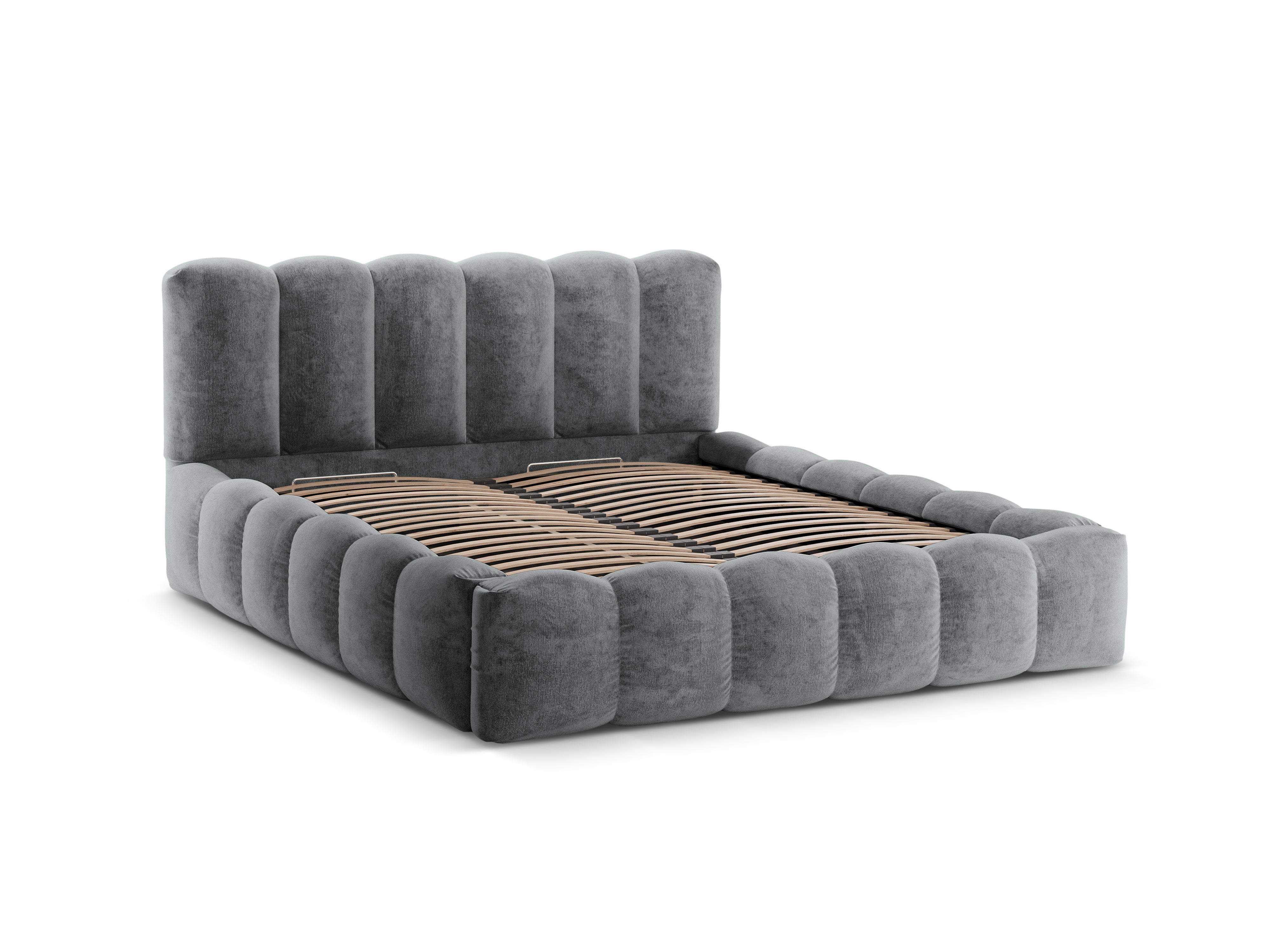 LUPINE bed with storage for bedding in platinum iridescent chenille