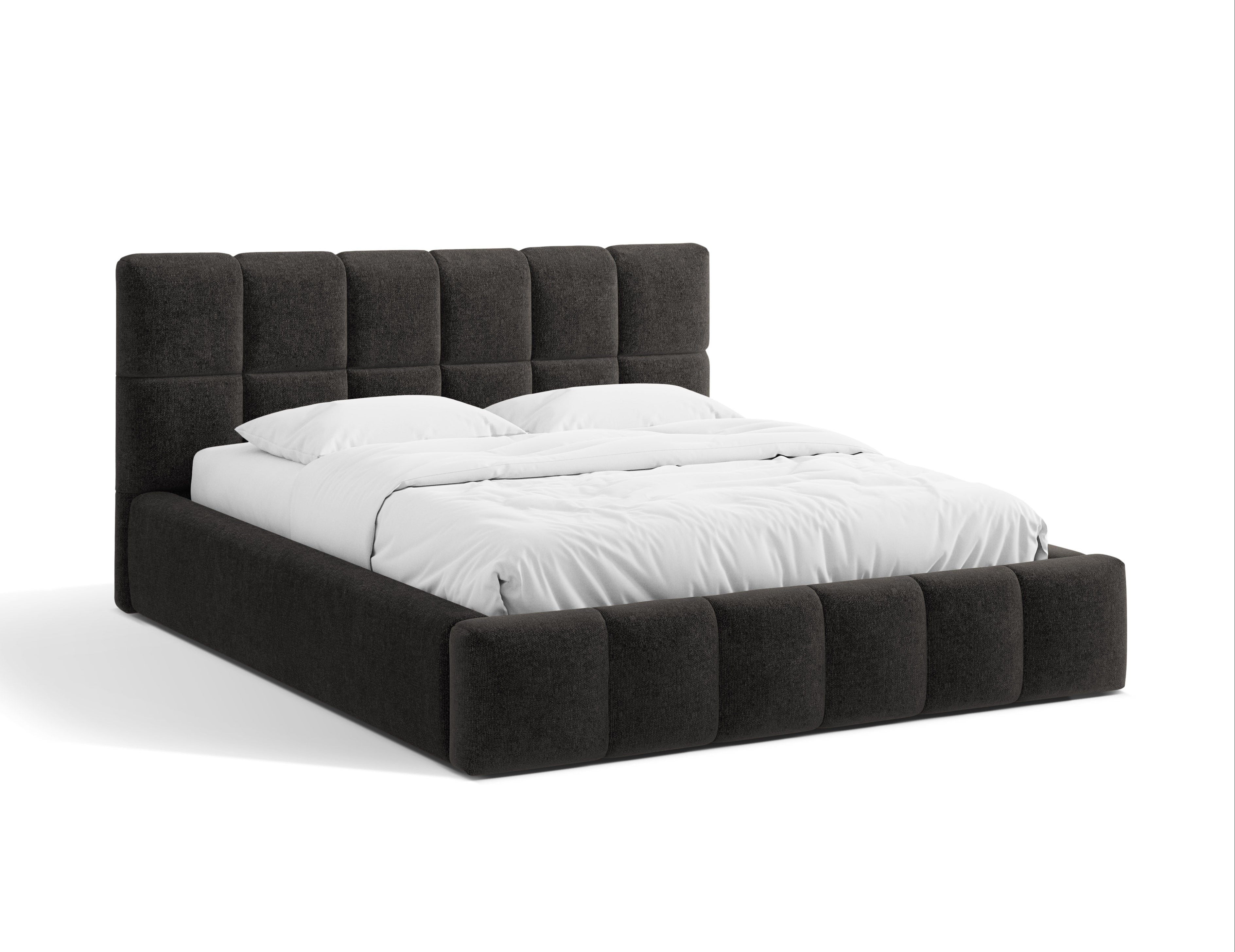 BELLIS bed with storage for bedding in anthracite chenille