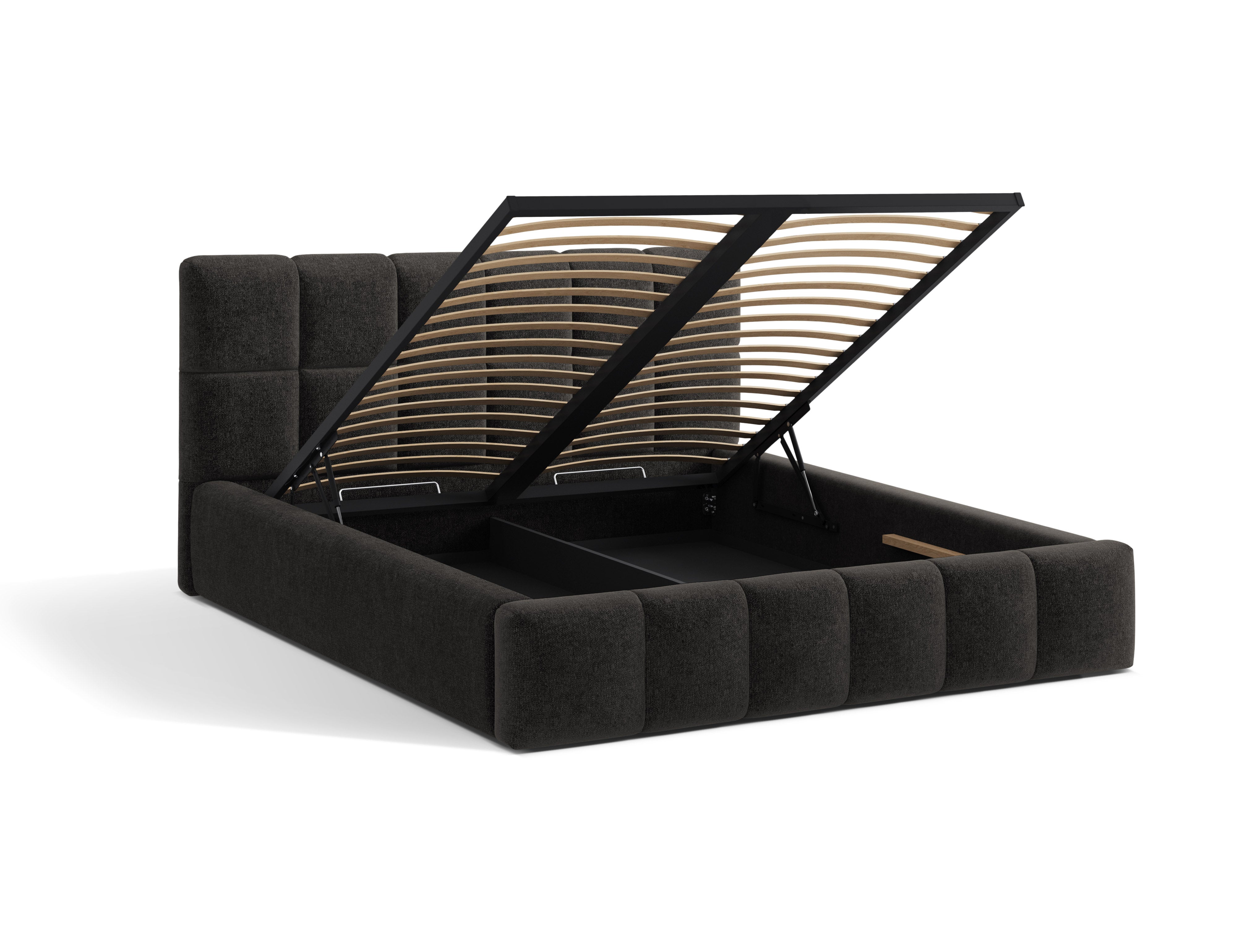 BELLIS bed with storage for bedding in anthracite chenille