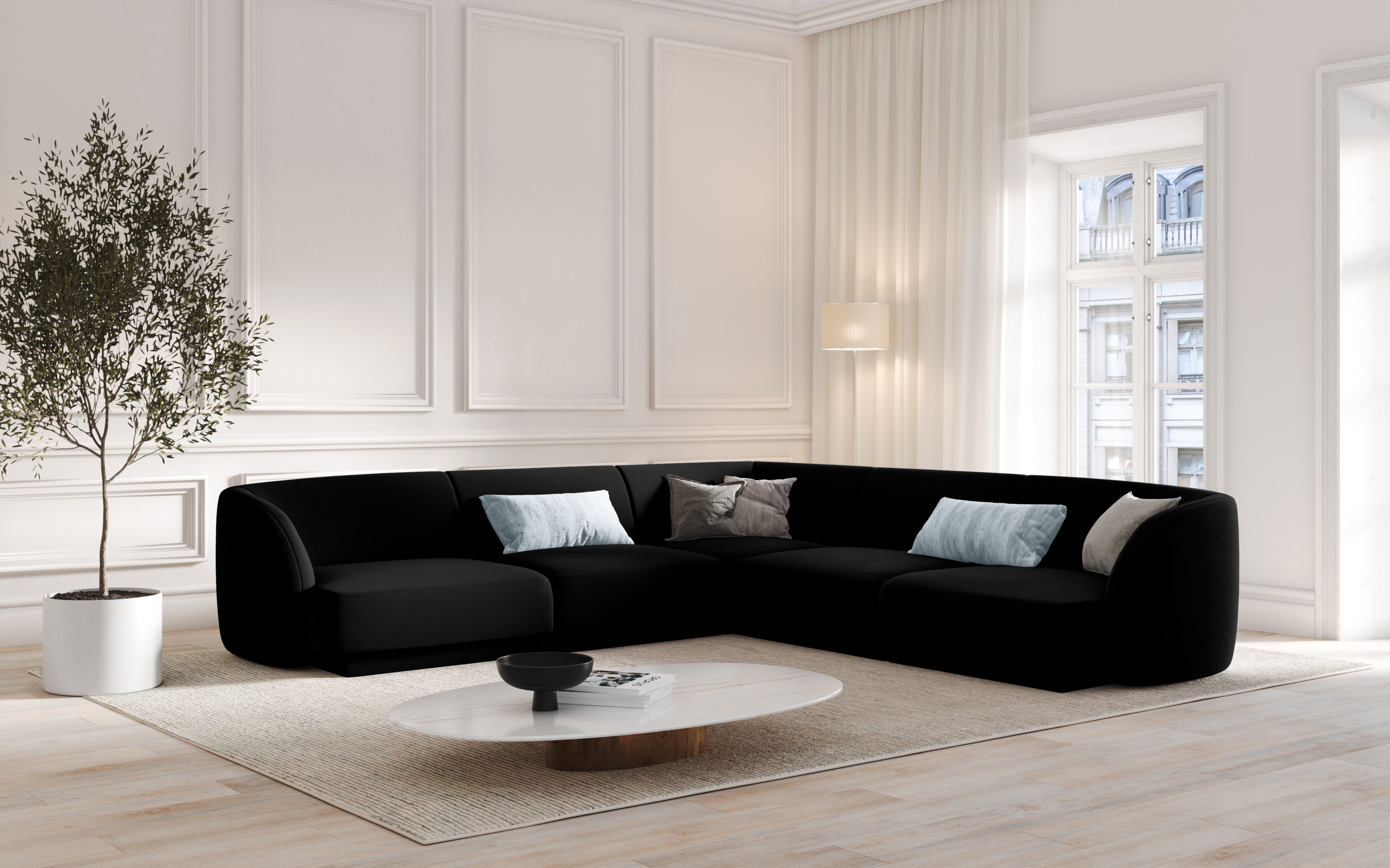 Symmetrical 5-Seater Corner Sofa MILEY Black Boucle