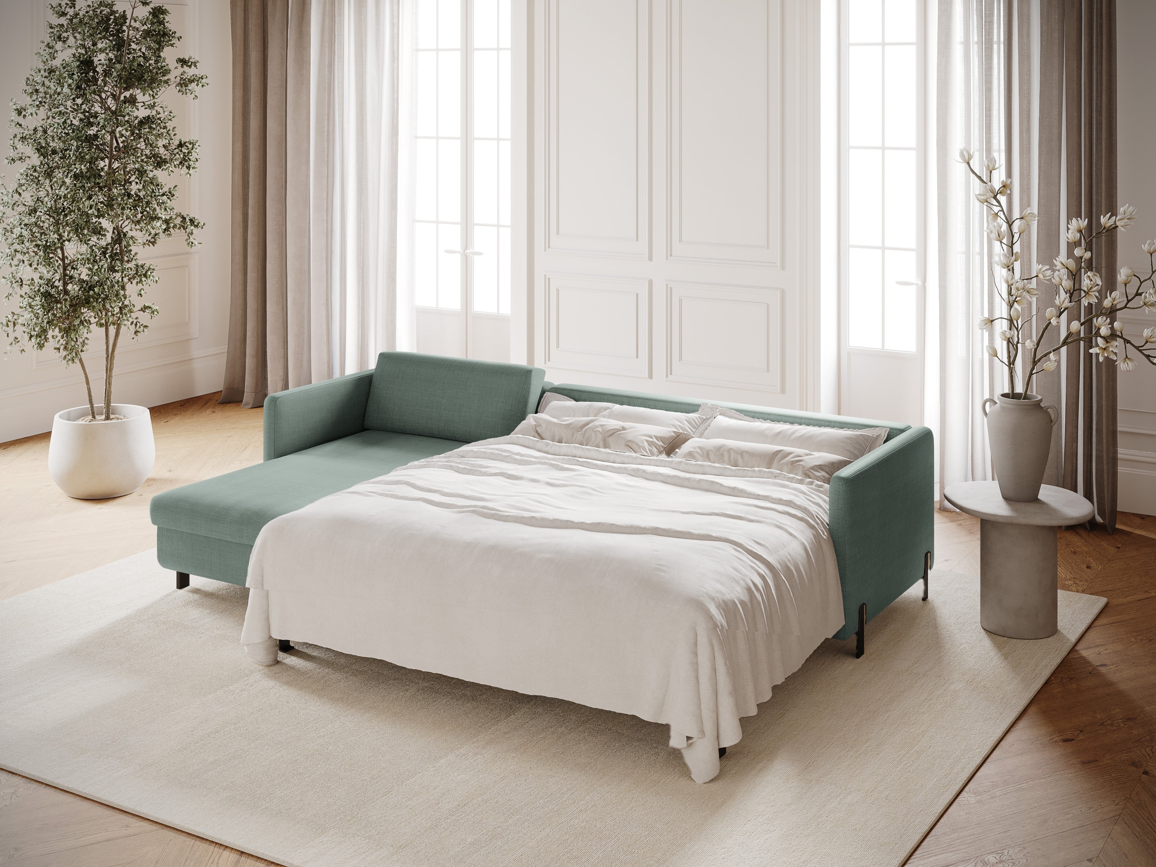 Left Corner Sofa with Bed Function and Box, "Gloria", 5 Seats, Mint, 280x170x80
Made in Europe