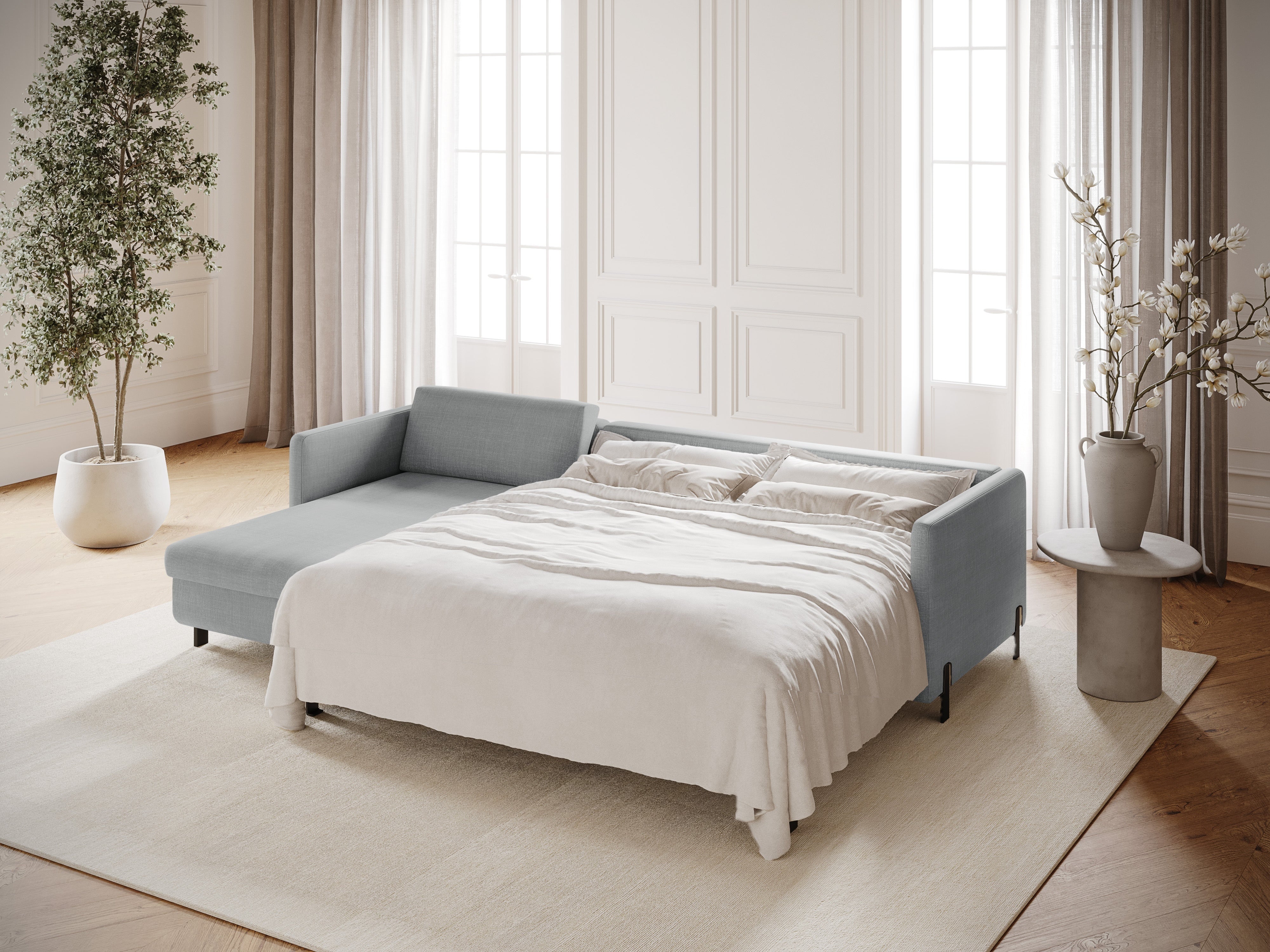 Left Corner Sofa with Bed Function and Box, "Gloria", 4 Seats, Light Gray, 260x170x80
Made in Europe