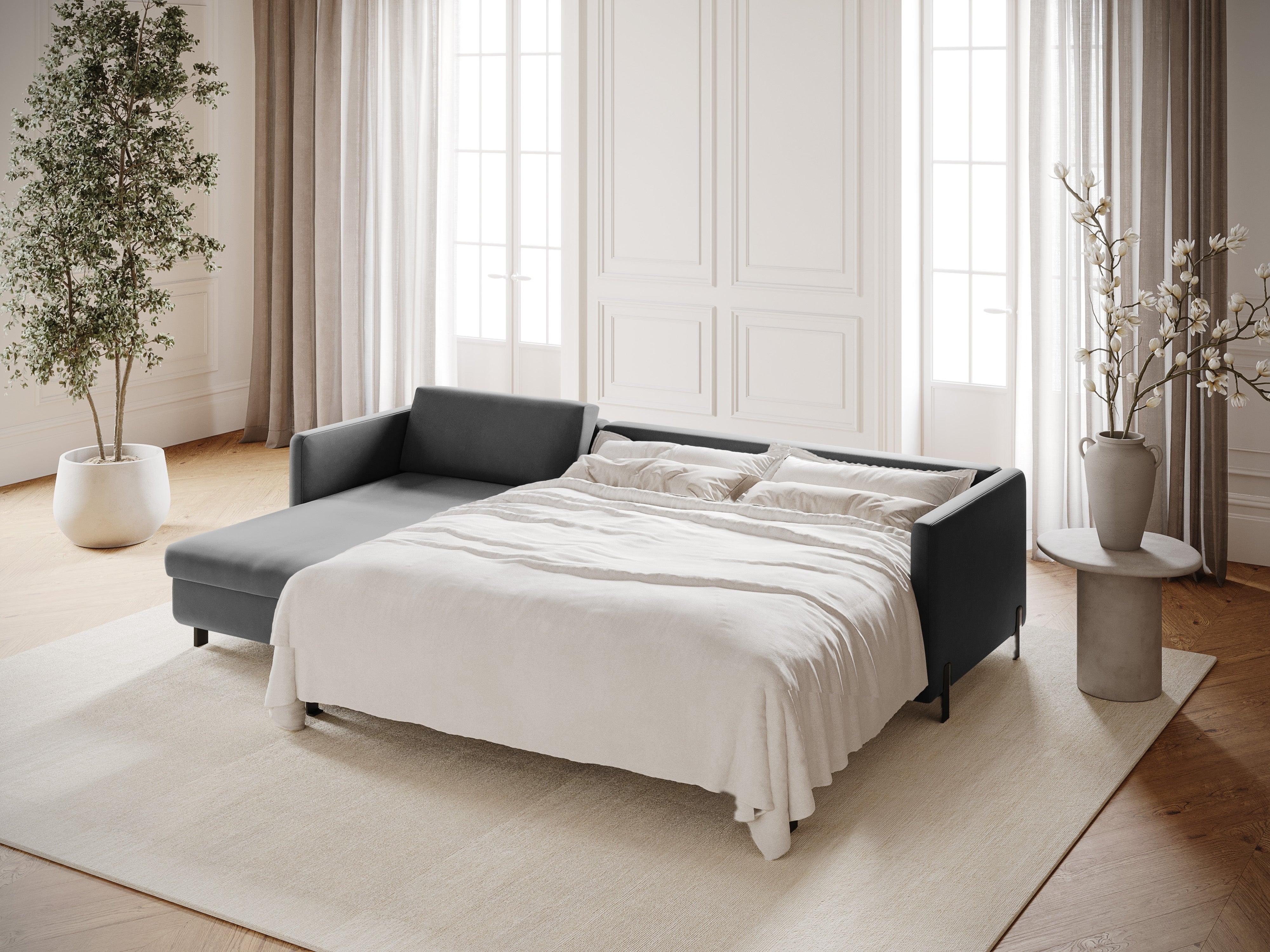 Velvet Left Corner Sofa with Bed Function, "Gloria", 4 Seats, Gray, 260x170x80
Made in Europe