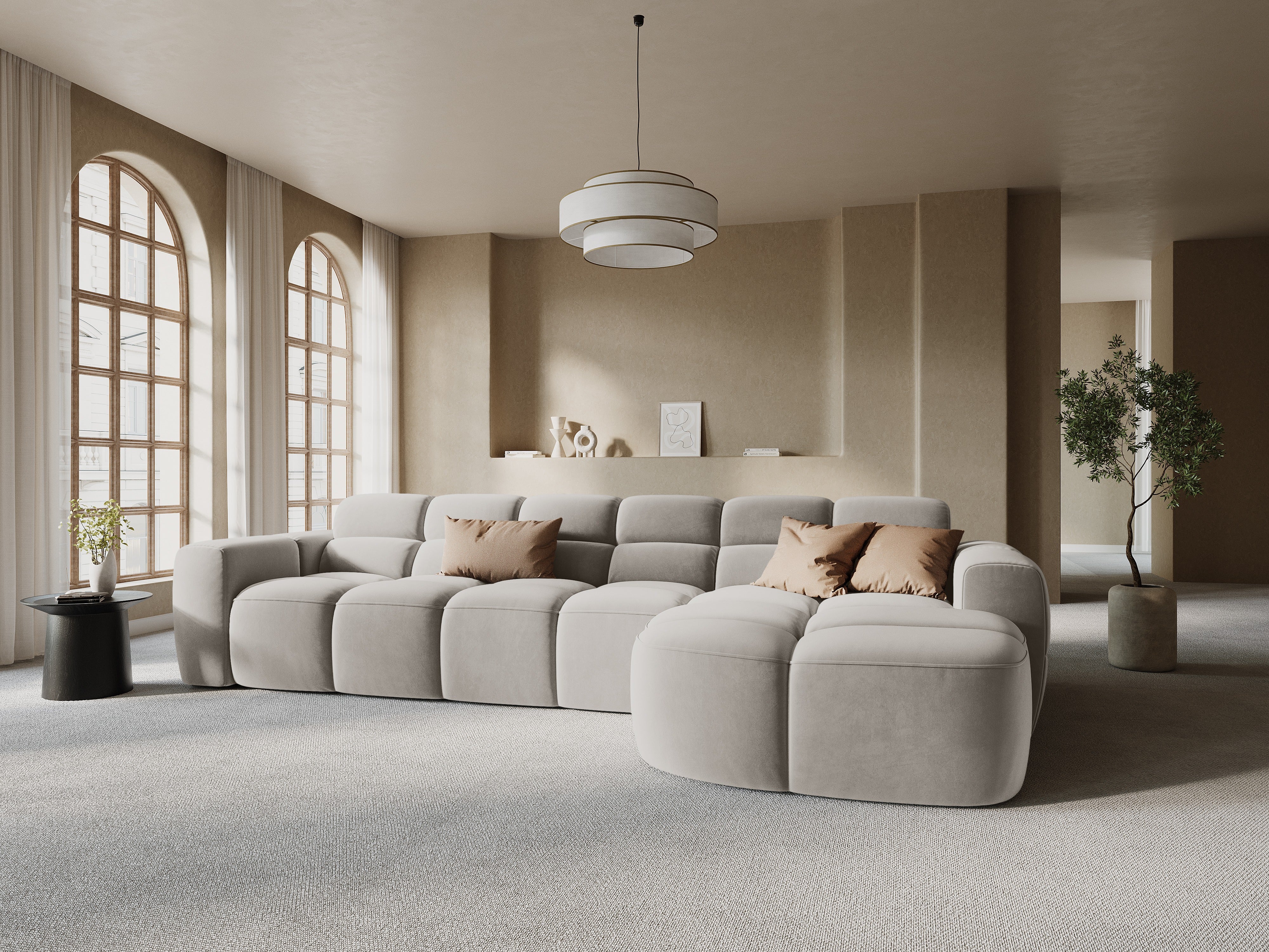 Right-facing velvet corner sofa LISA light beige