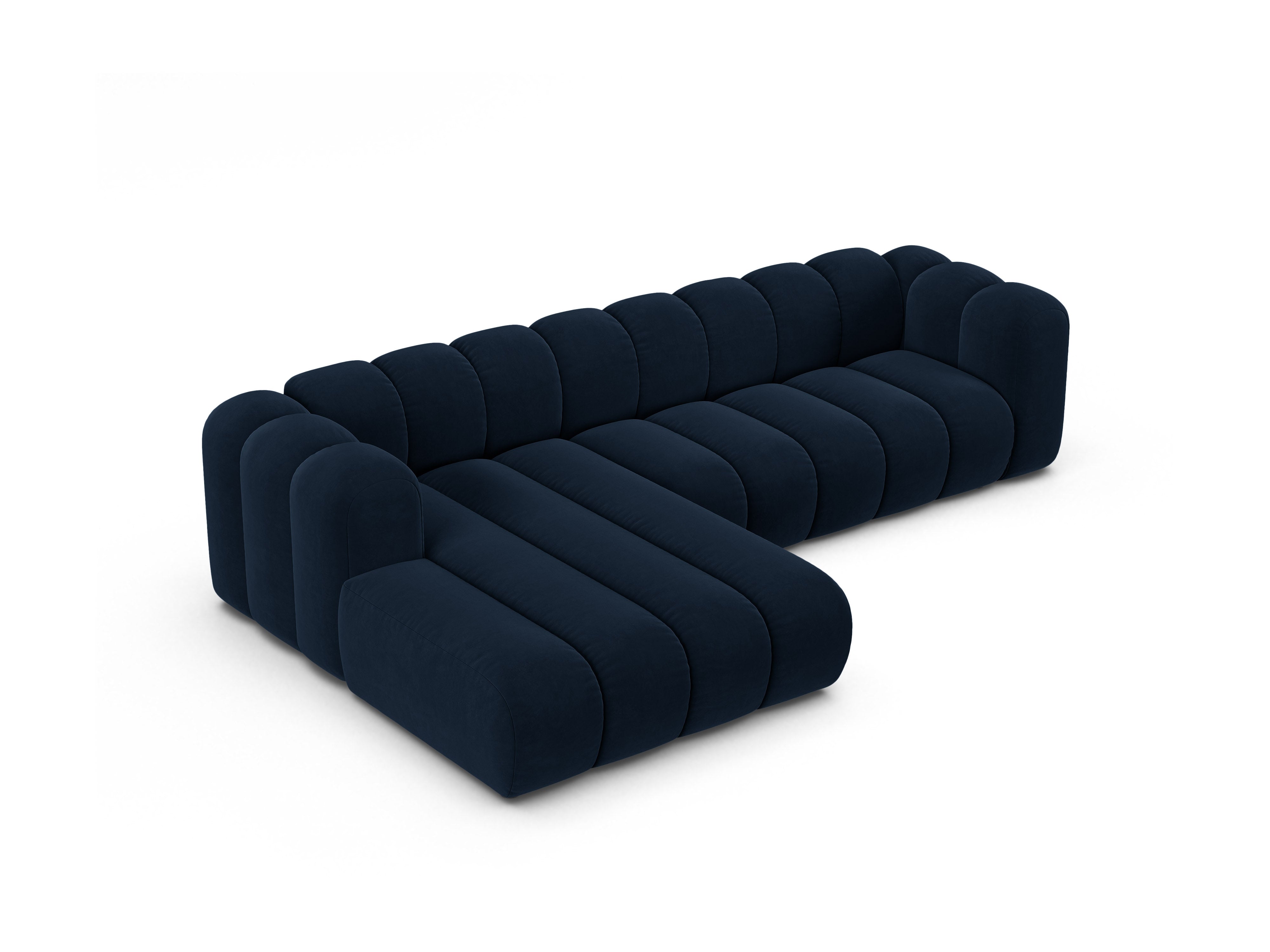 Velvet corner sofa for 4 people, left-sided LUPINE in navy blue