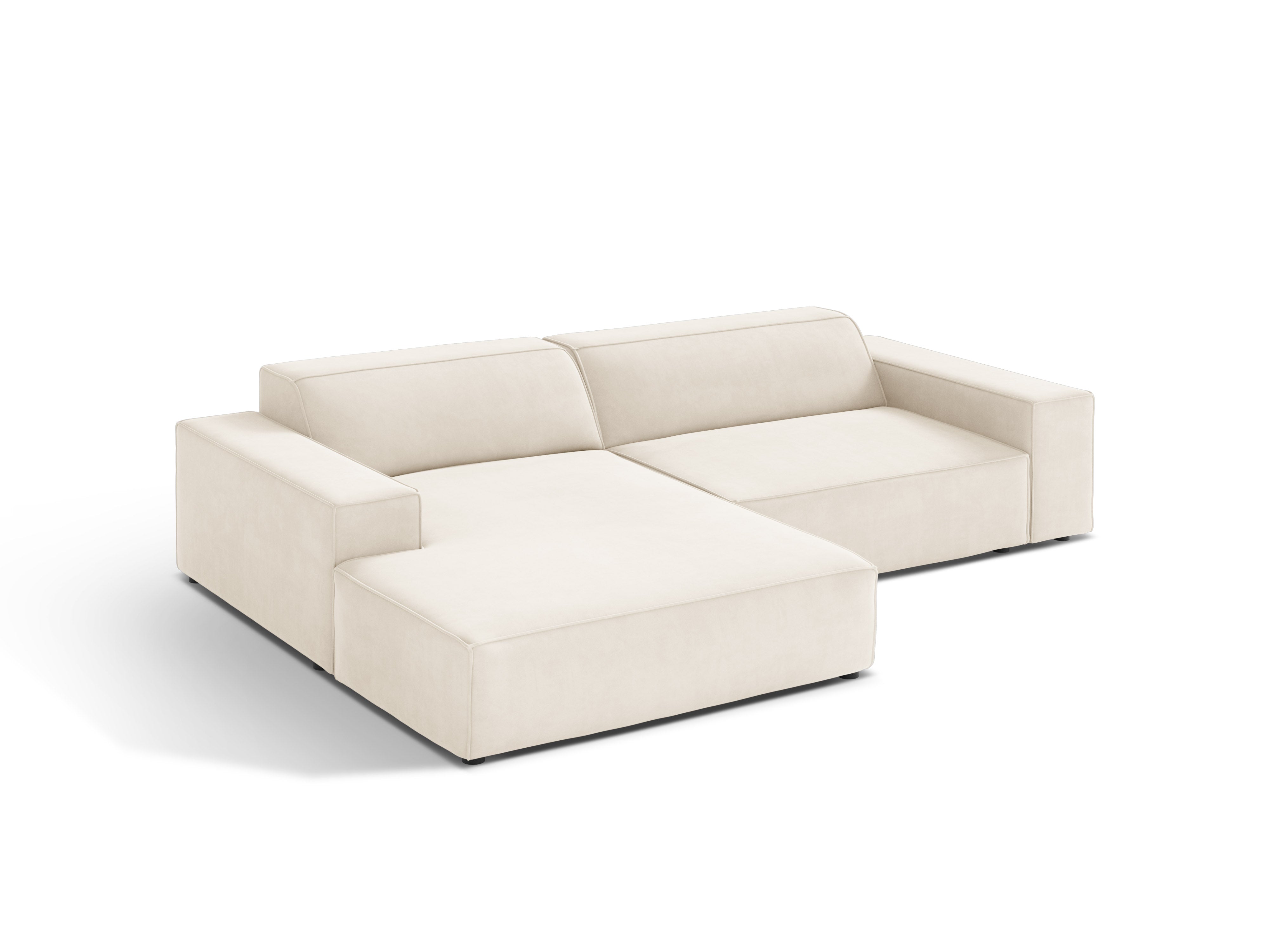 Left-facing velvet corner sofa JODIE in light beige, seating three.