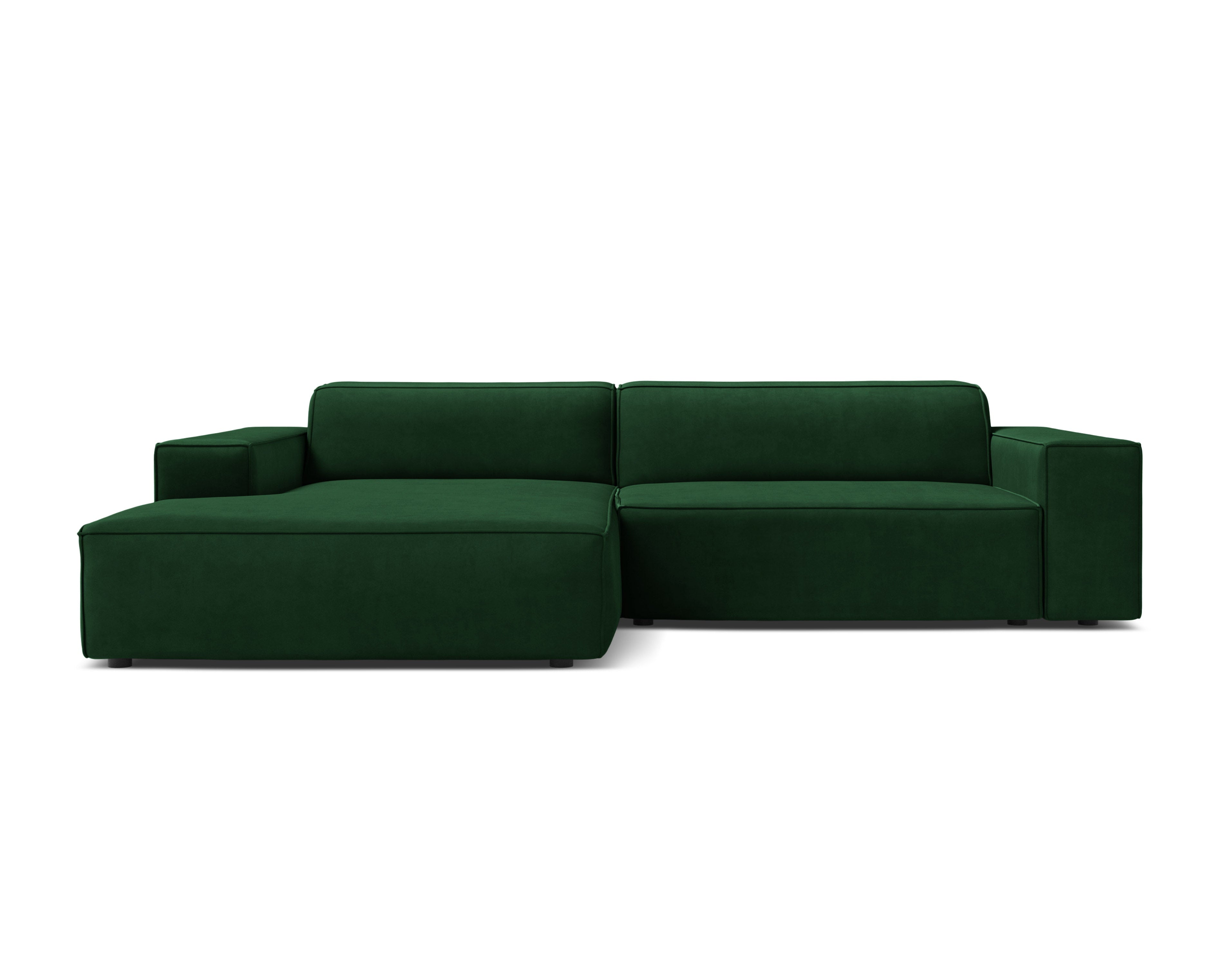 Left-facing velvet corner sofa JODIE in bottle green, seating three.