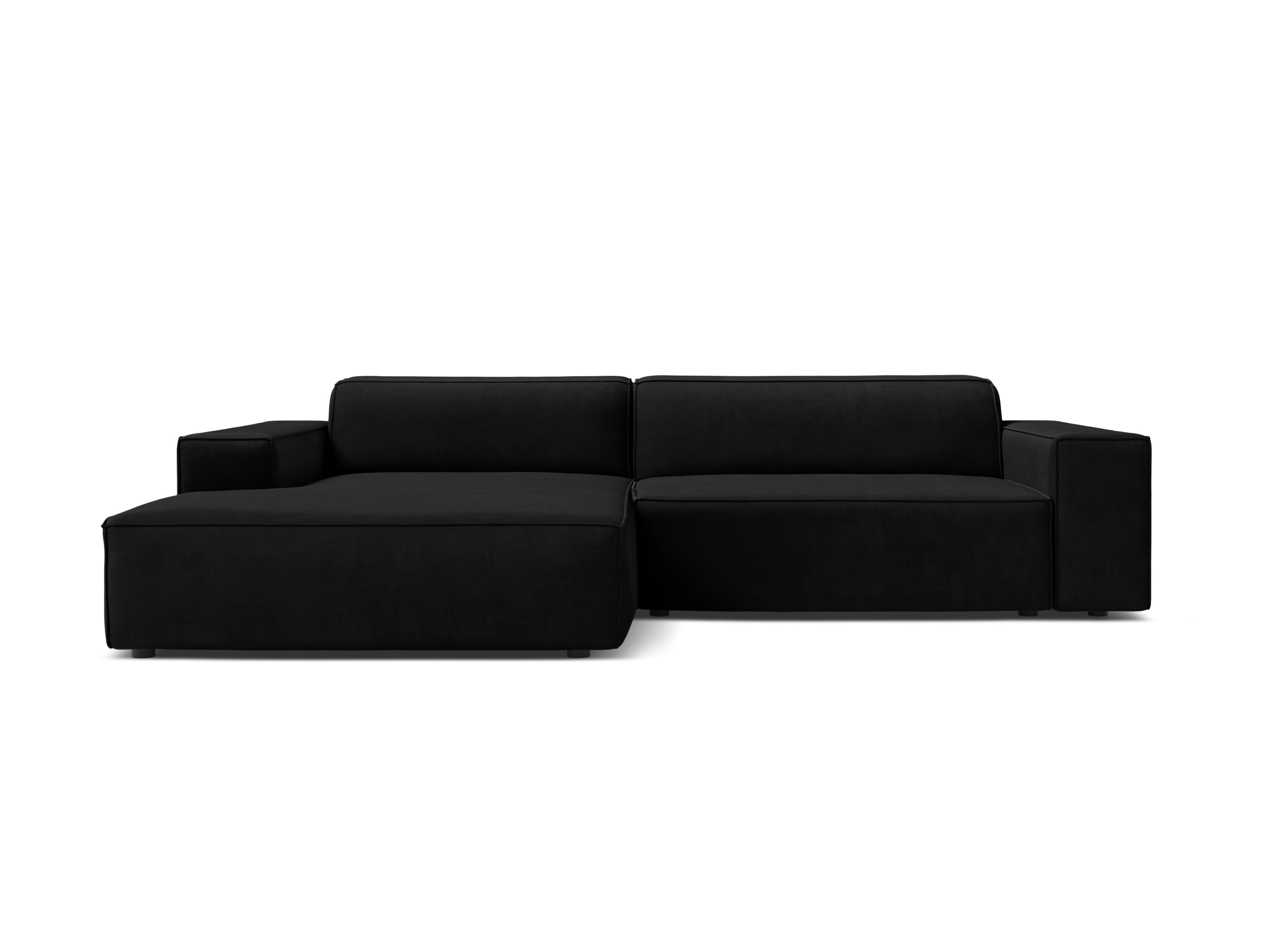 Left-facing velvet corner sofa JODIE in black, designed for three people.