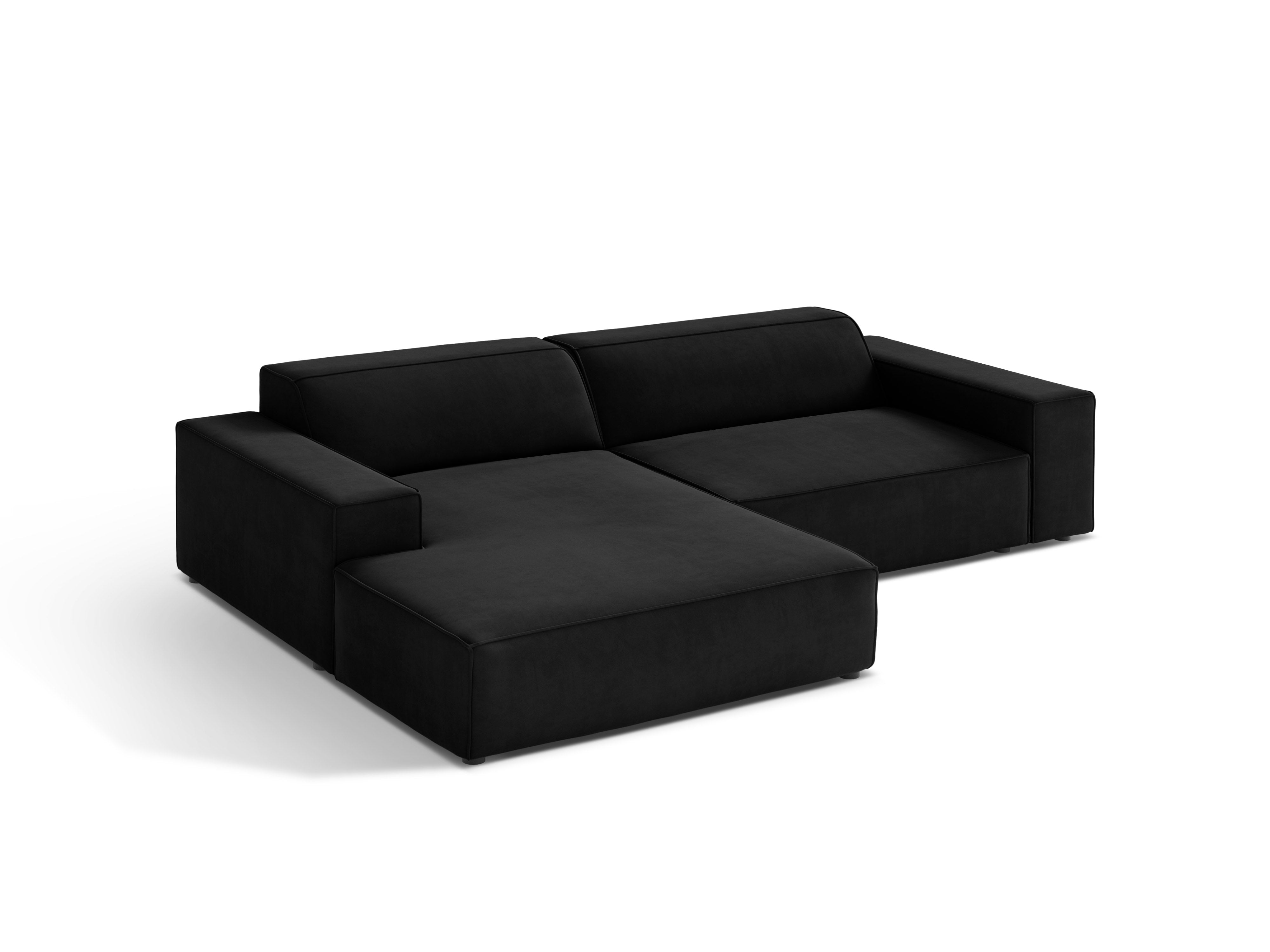 Left-facing velvet corner sofa JODIE in black, designed for three people.