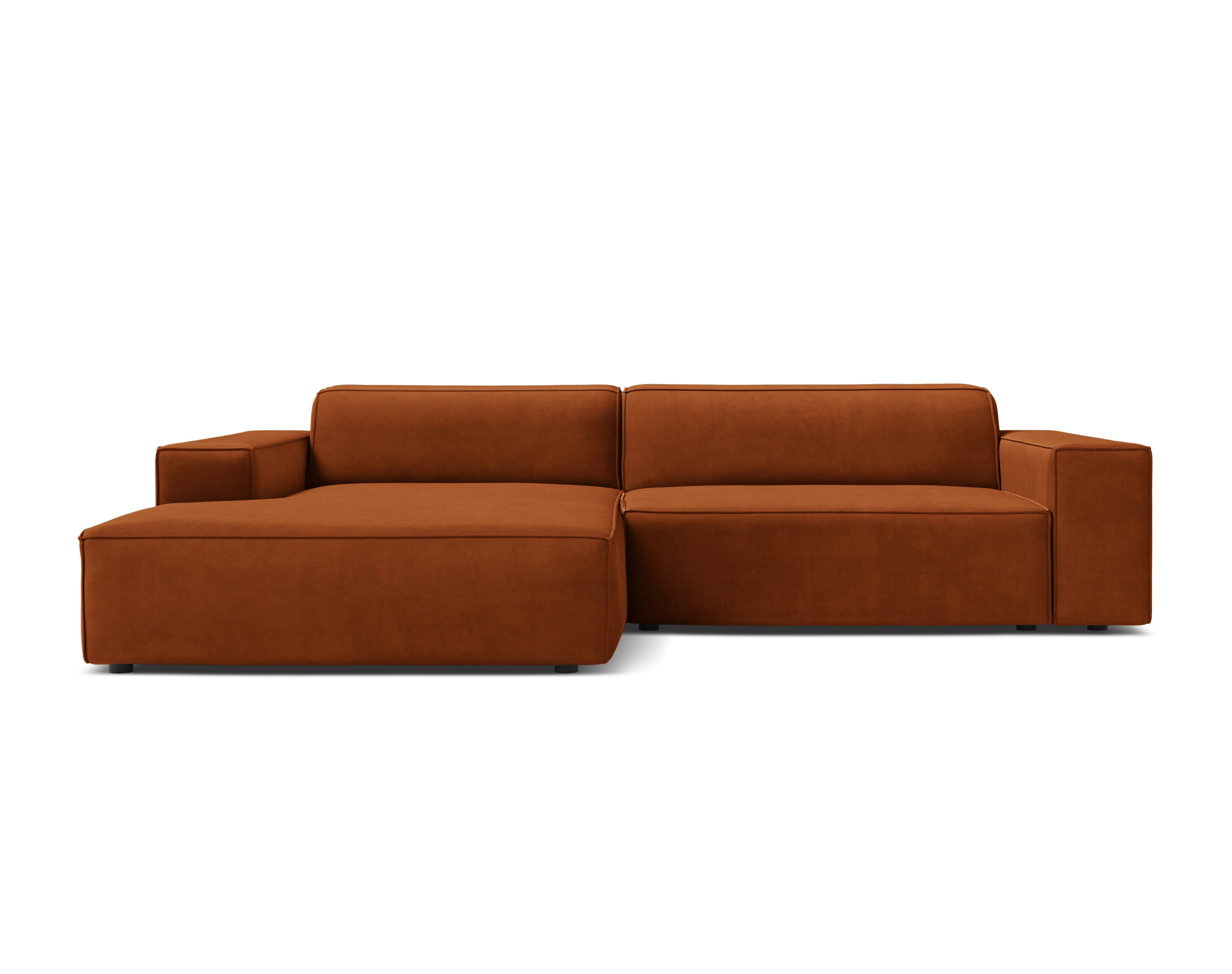 Left-facing velvet corner sofa JODIE in brick red, seating for three.