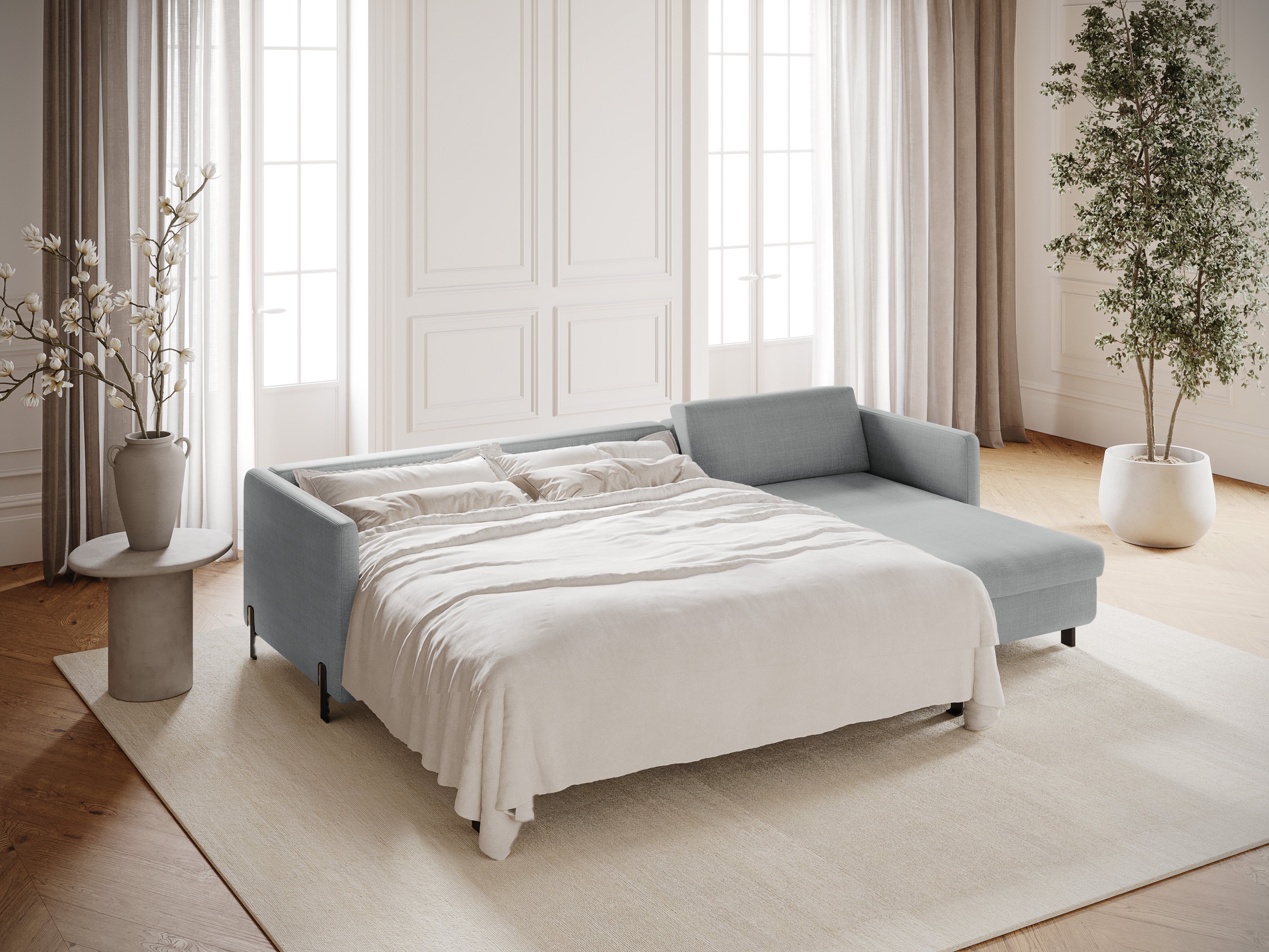 Right Corner Sofa with Bed Function and Box, "Gloria", 5 Seats, Light Gray, 280x170x80
Made in Europe