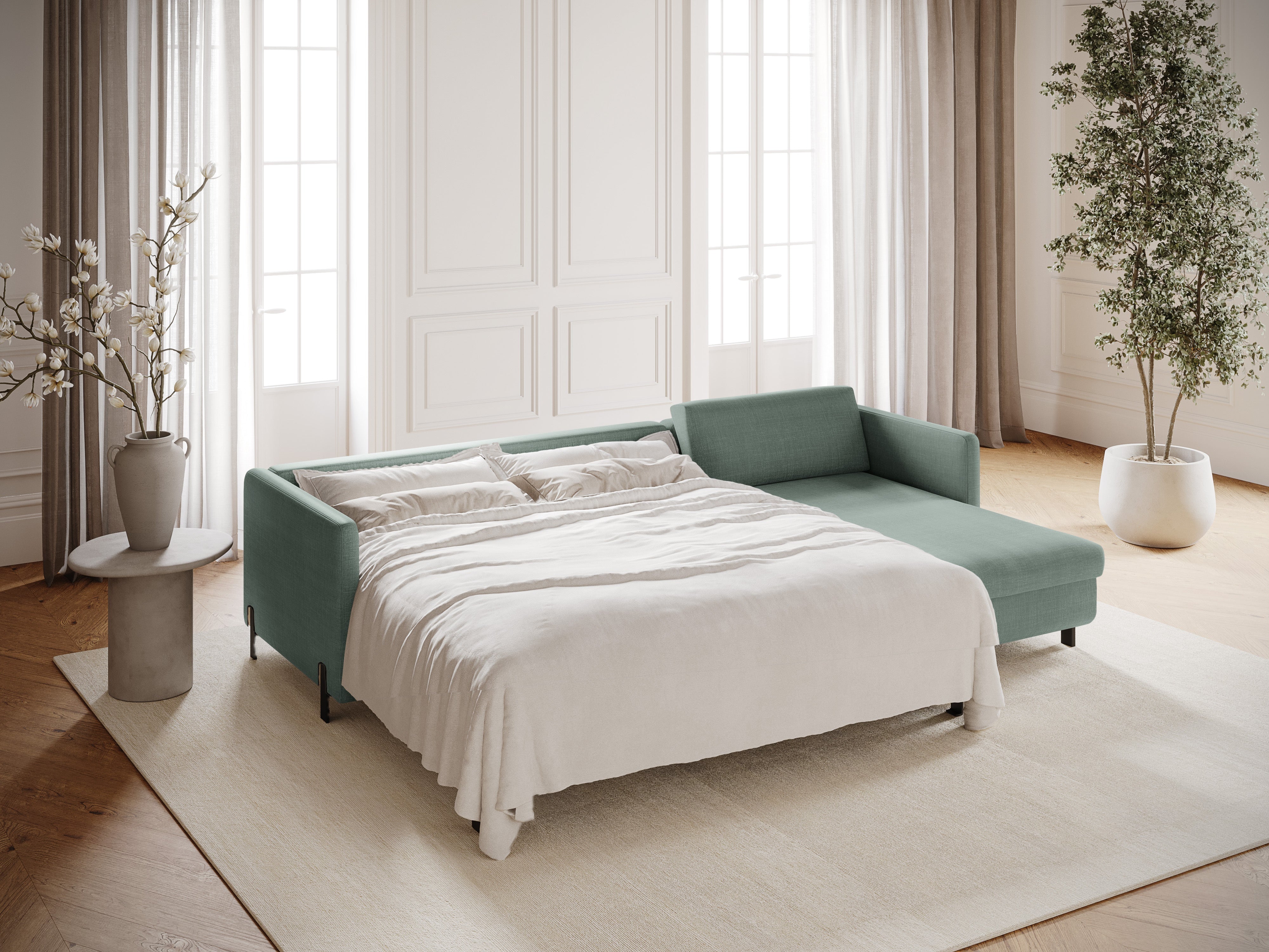 Rechte Ecke -Sofa mit Bettfunktion und Box, "Gloria", 5 Sitze, Minze, 280x170x80
In Europa gemacht