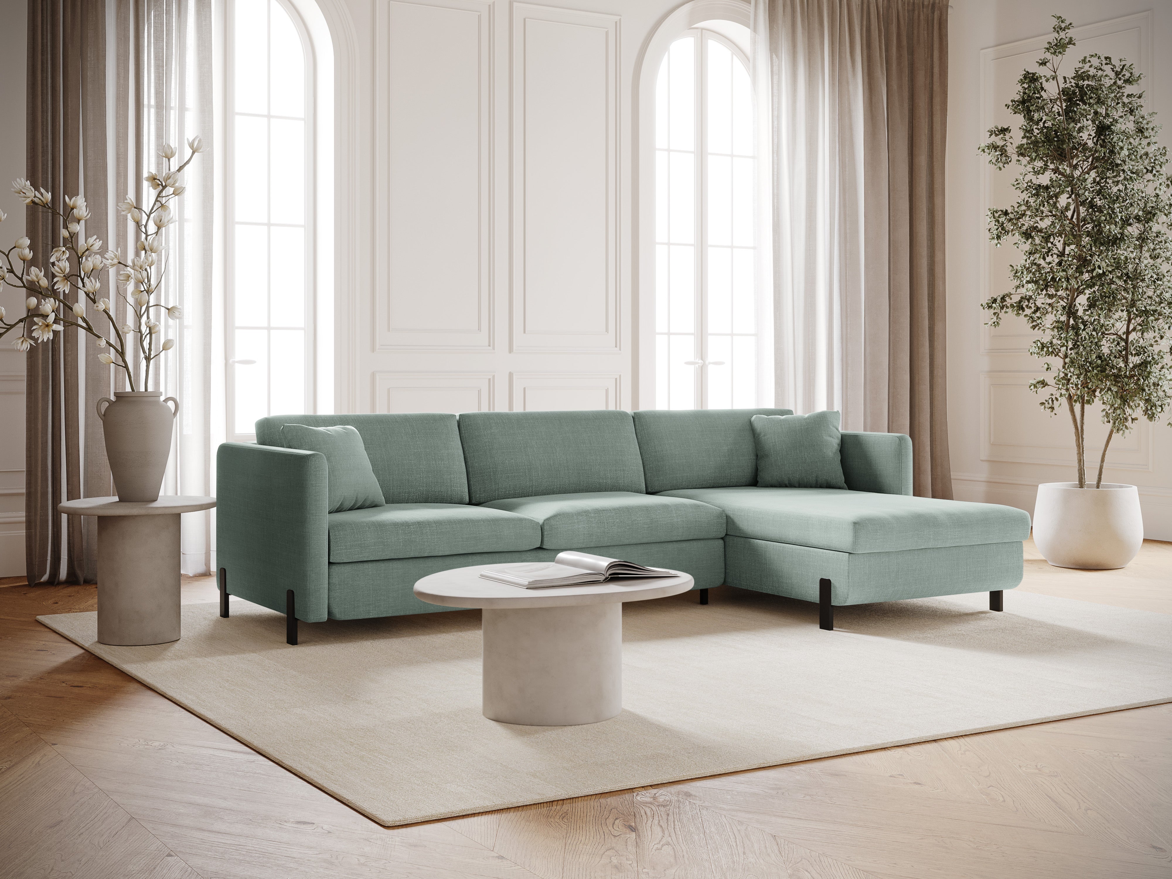 Rechte Ecke -Sofa mit Bettfunktion und Box, "Gloria", 5 Sitze, Minze, 280x170x80
In Europa gemacht