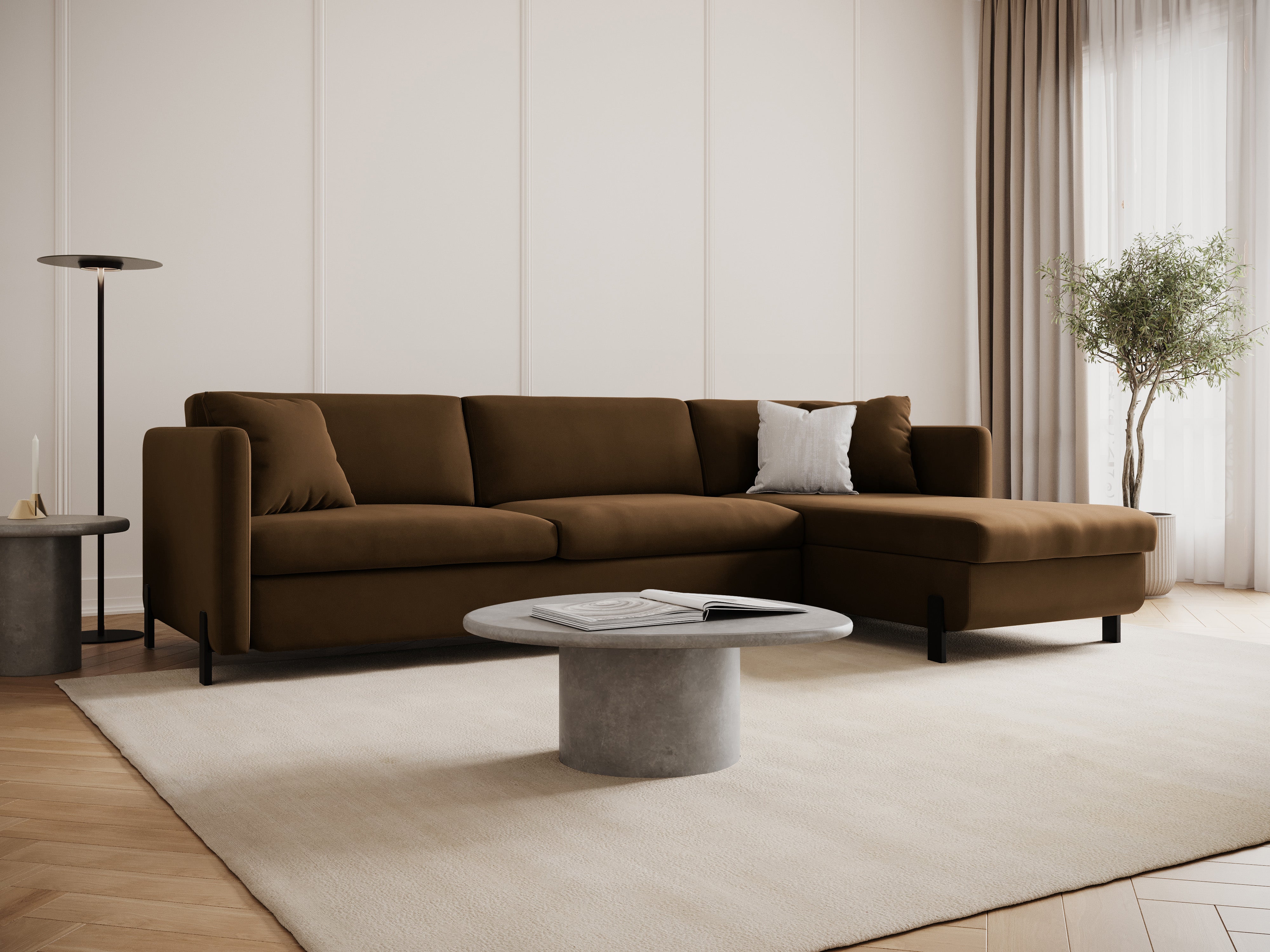 Velvet Right Corner Sofa with Bed Function, "Gloria", 5 Seats, Chocolate, 280x170x80
Made in Europe
