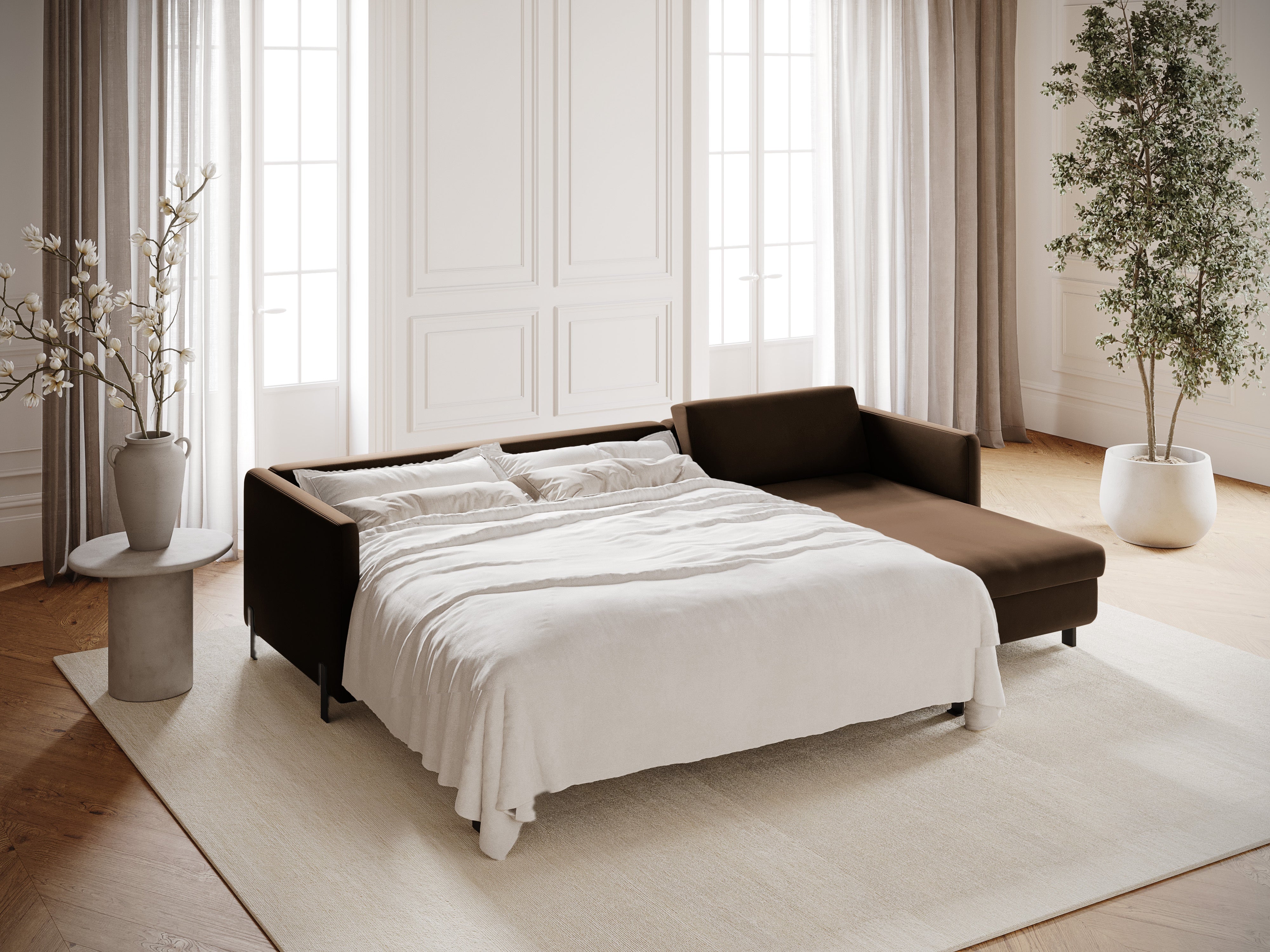 Velvet Right Corner Sofa with Bed Function, "Gloria", 5 Seats, Chocolate, 280x170x80
Made in Europe