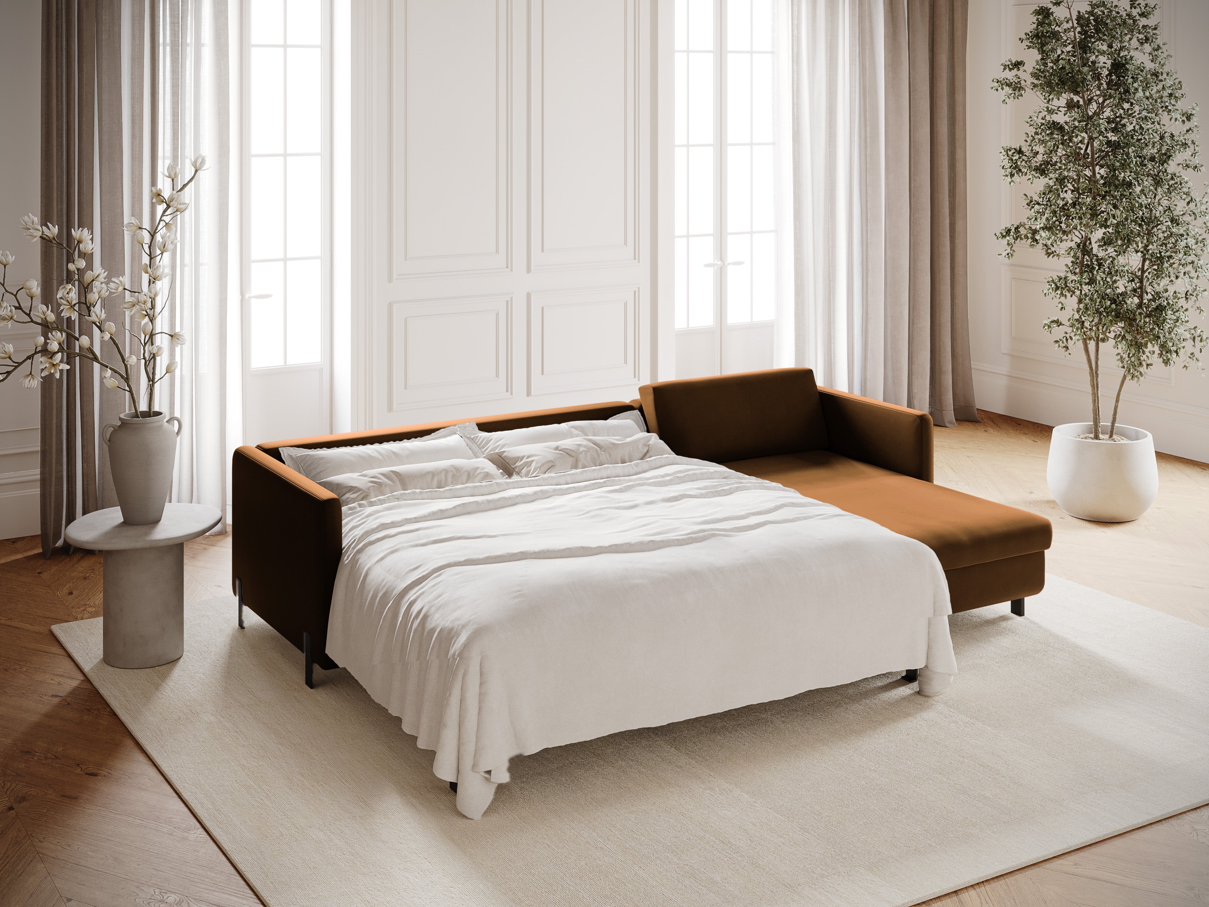 Samtrechter Ecksofa mit Bettfunktion, "Gloria", 5 Sitze, braun, 280x170x80
In Europa gemacht