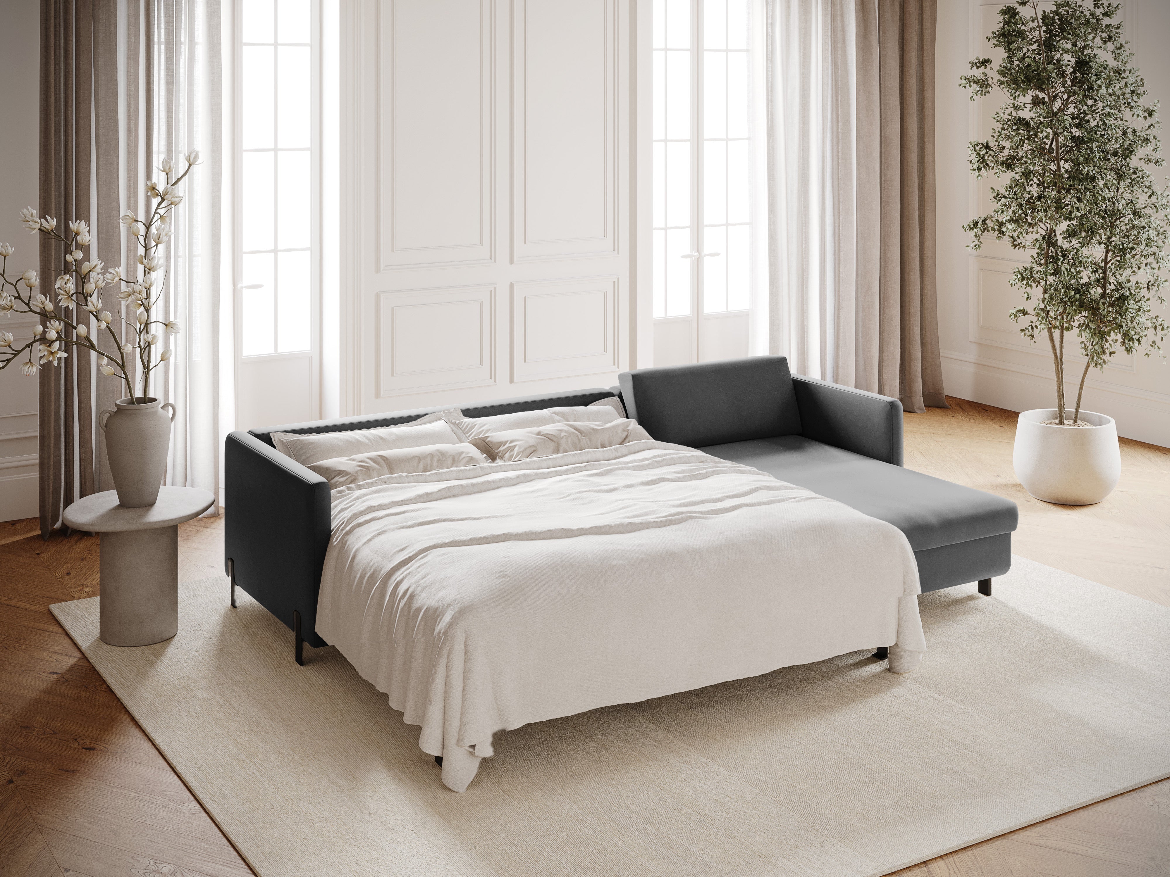 Samtrechter Ecksofa mit Bettfunktion, "Gloria", 5 Sitze, Grau, 280x170x80
In Europa gemacht