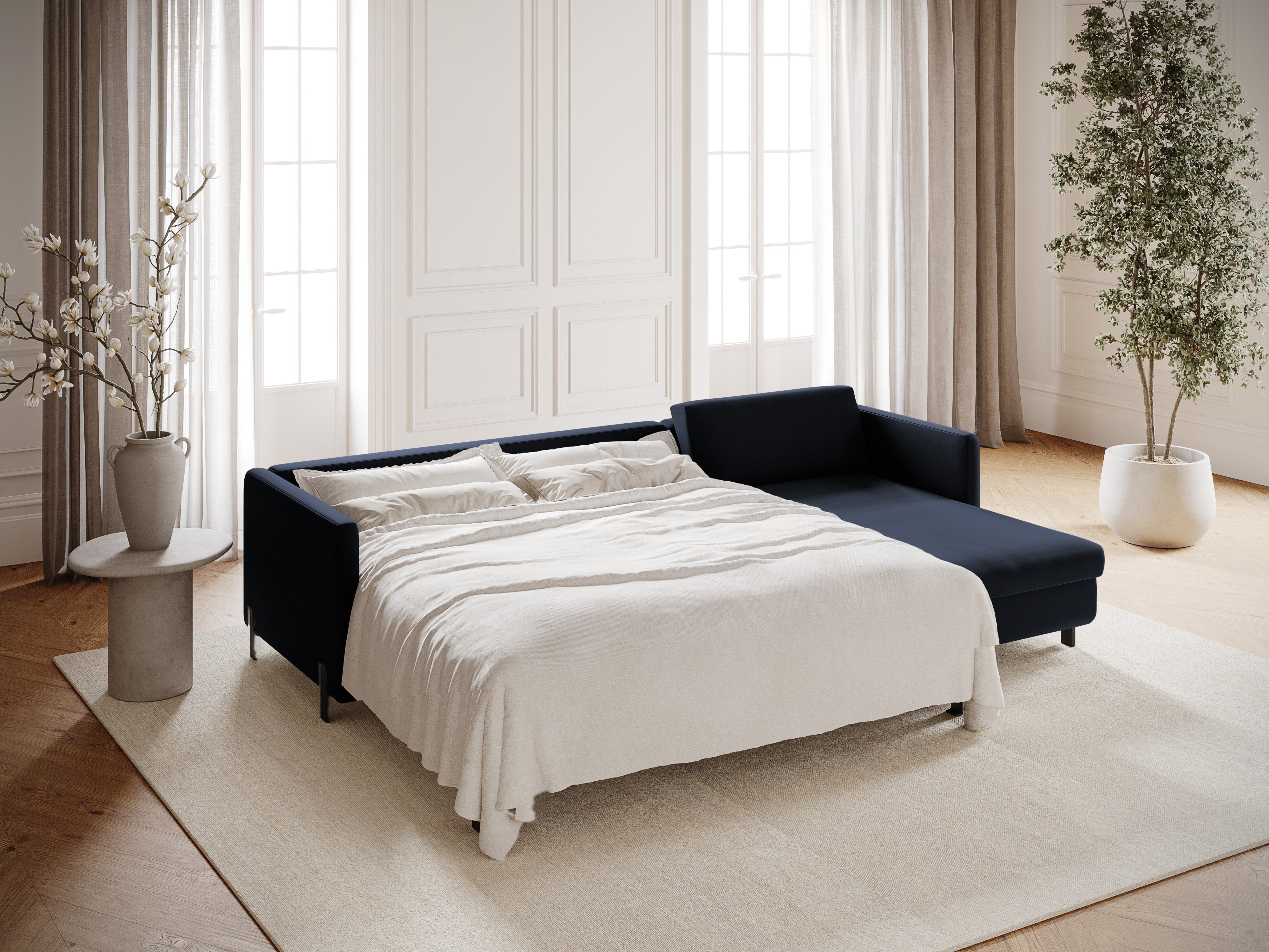 Samtrechter Ecksofa mit Bettfunktion, "Gloria", 4 Sitze, Royal Blue, 260x170x80
In Europa gemacht