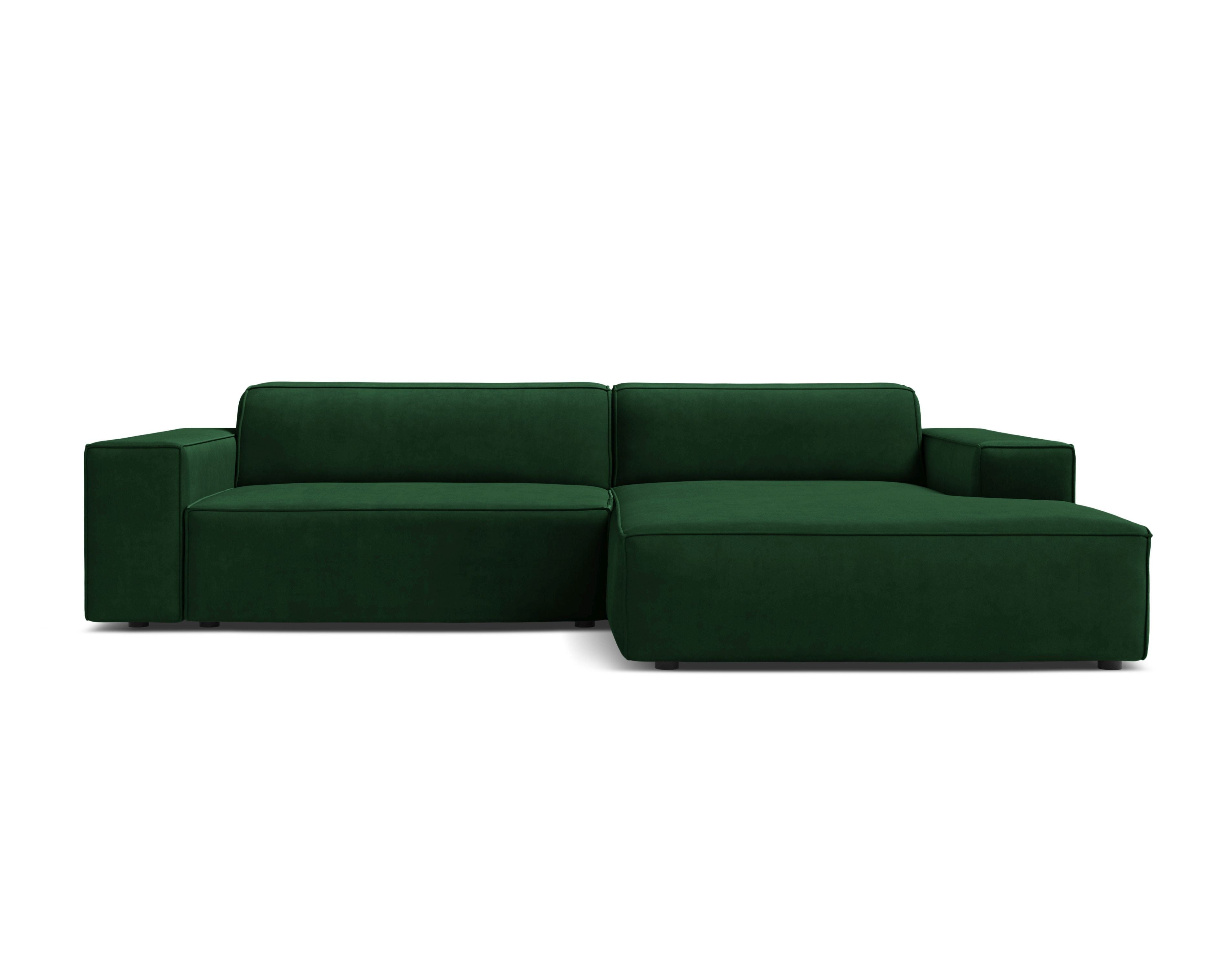 Right-facing velvet corner sofa for three people, JODIE in bottle green.
