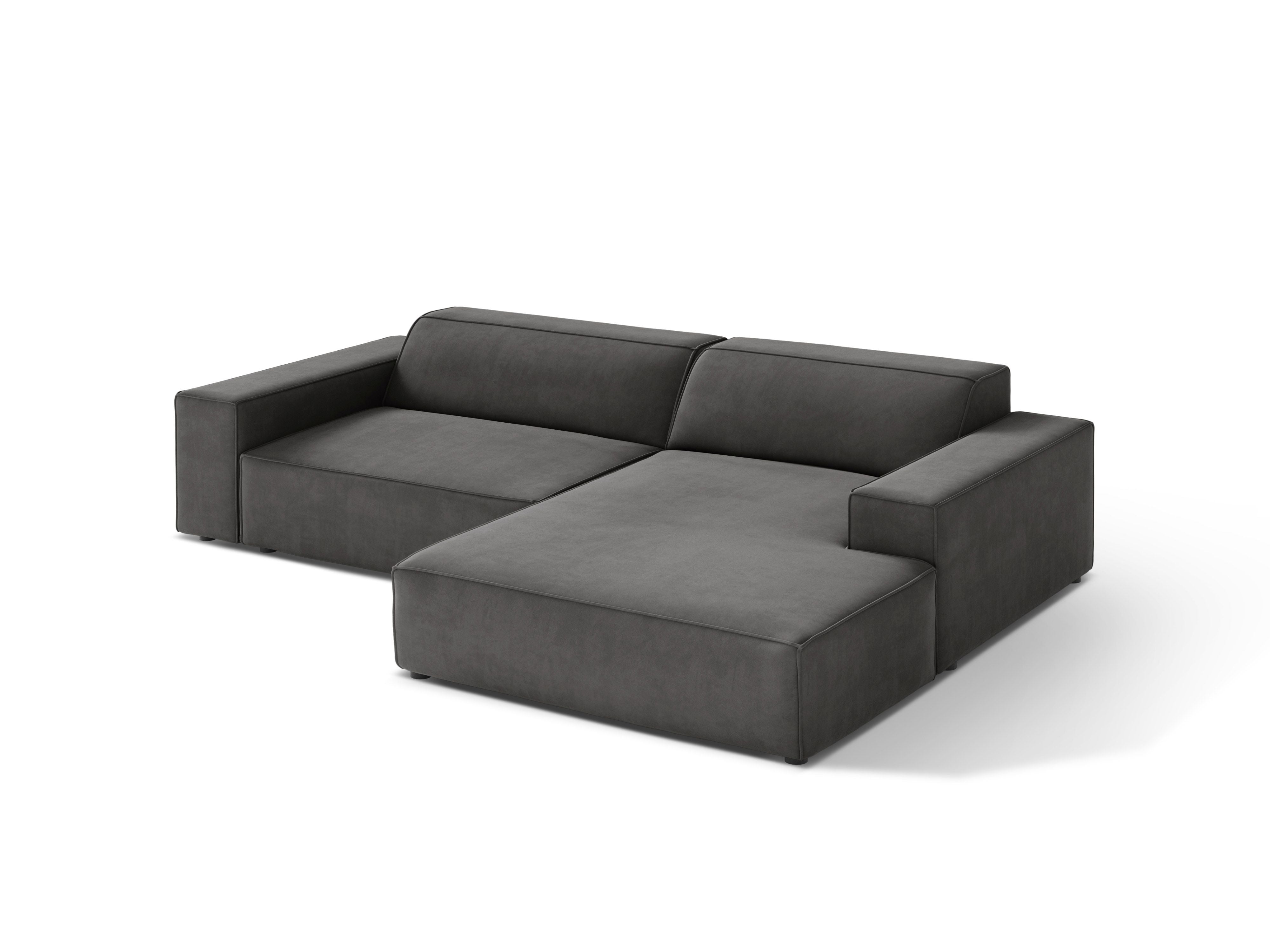 Right-facing velvet corner sofa for three people, JODIE in dark gray.