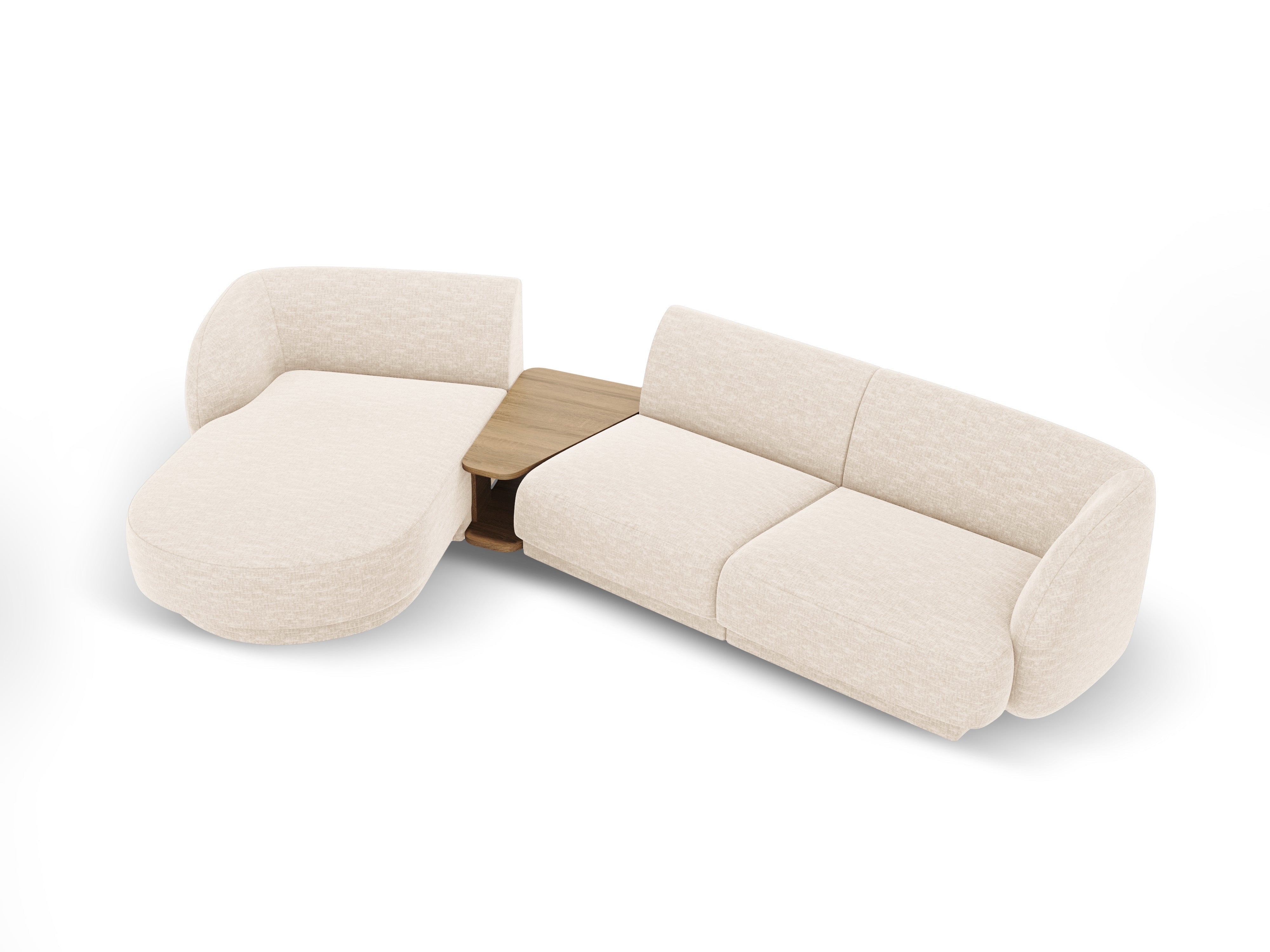 Modulares Ecksofa mit Tisch 3-sitzig links MILEY hellbeige schimmernder Chenille