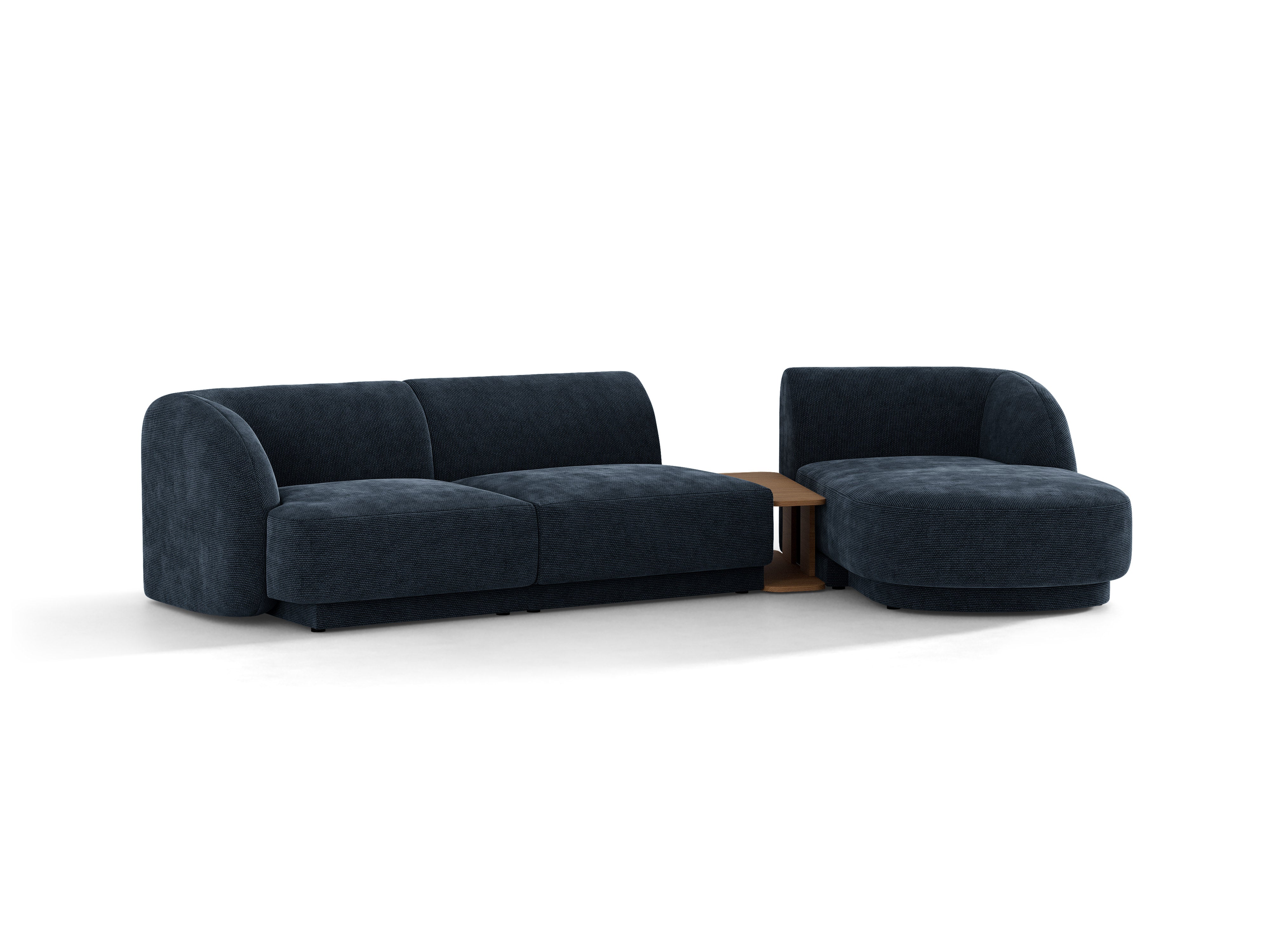 Narożnik modułowy ze stolikiem 3-osobowy prawostronny MILEY granat królewski szenil jedwabisty – sofa narożna