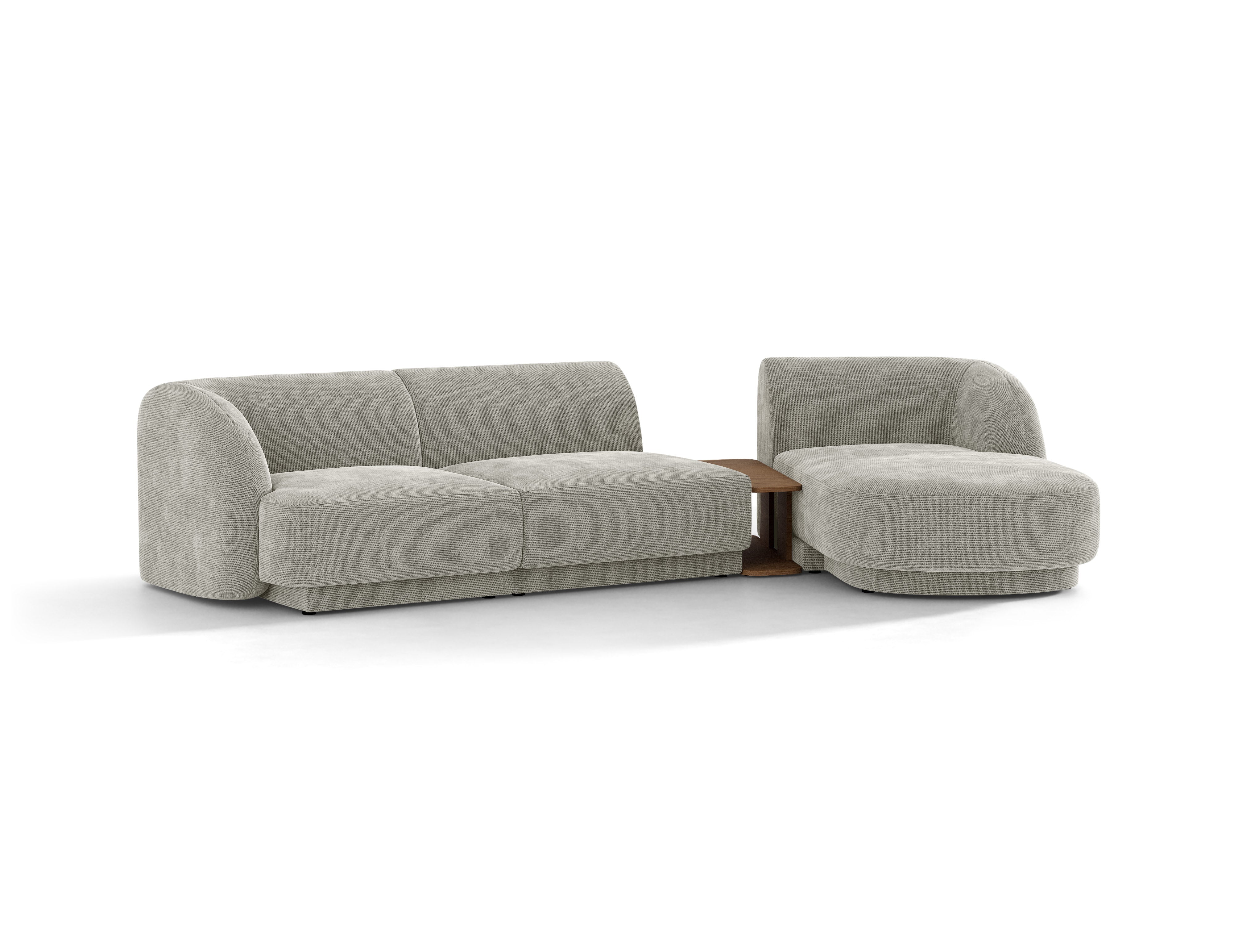 Narożnik modułowy ze stolikiem 3-osobowy prawostronny MILEY jasnoszary szenil jedwabisty – sofa narożna