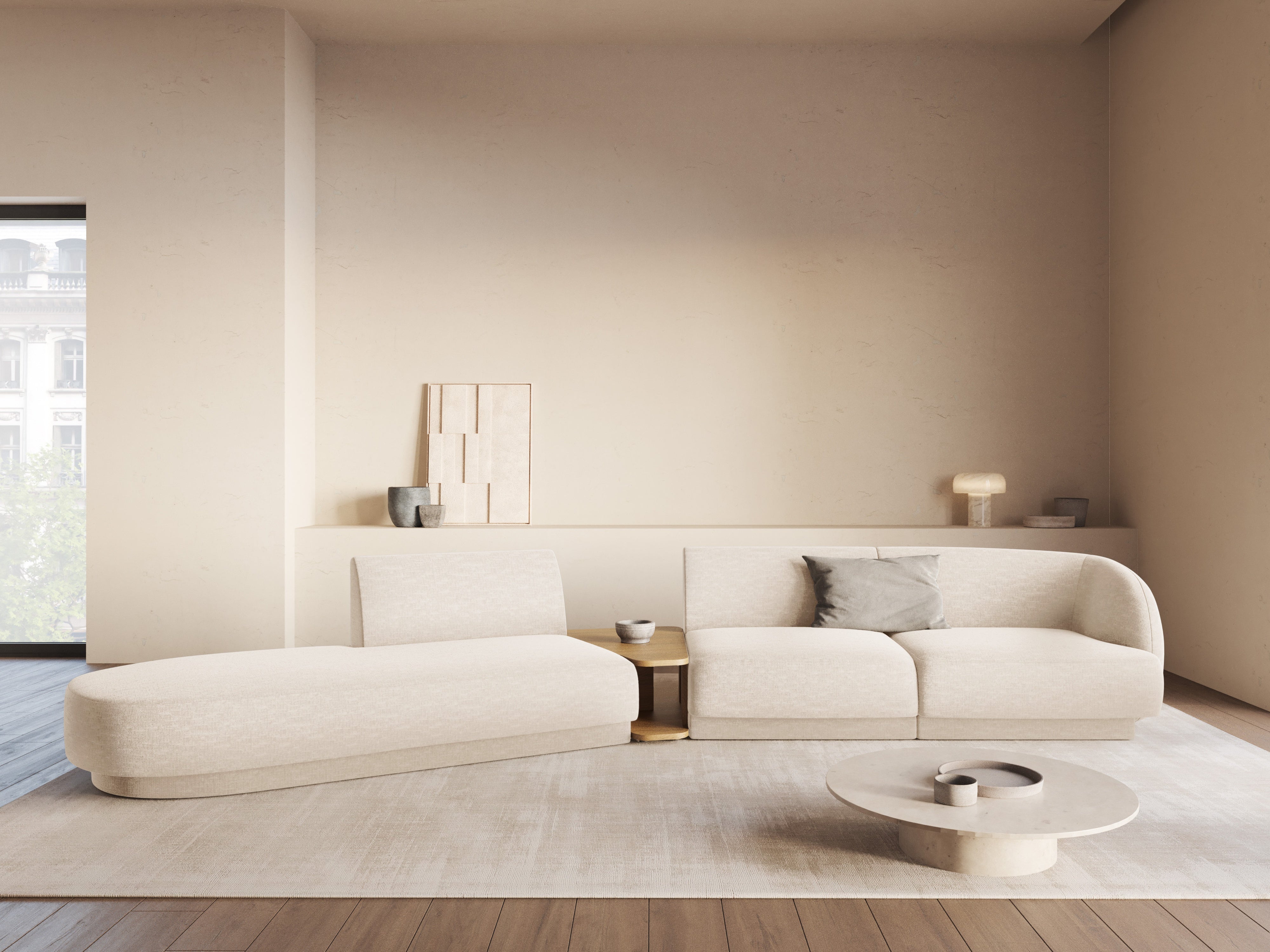 Modulares Sofa links mit Tisch für 4 Personen MILEY Elfenbein Chenille