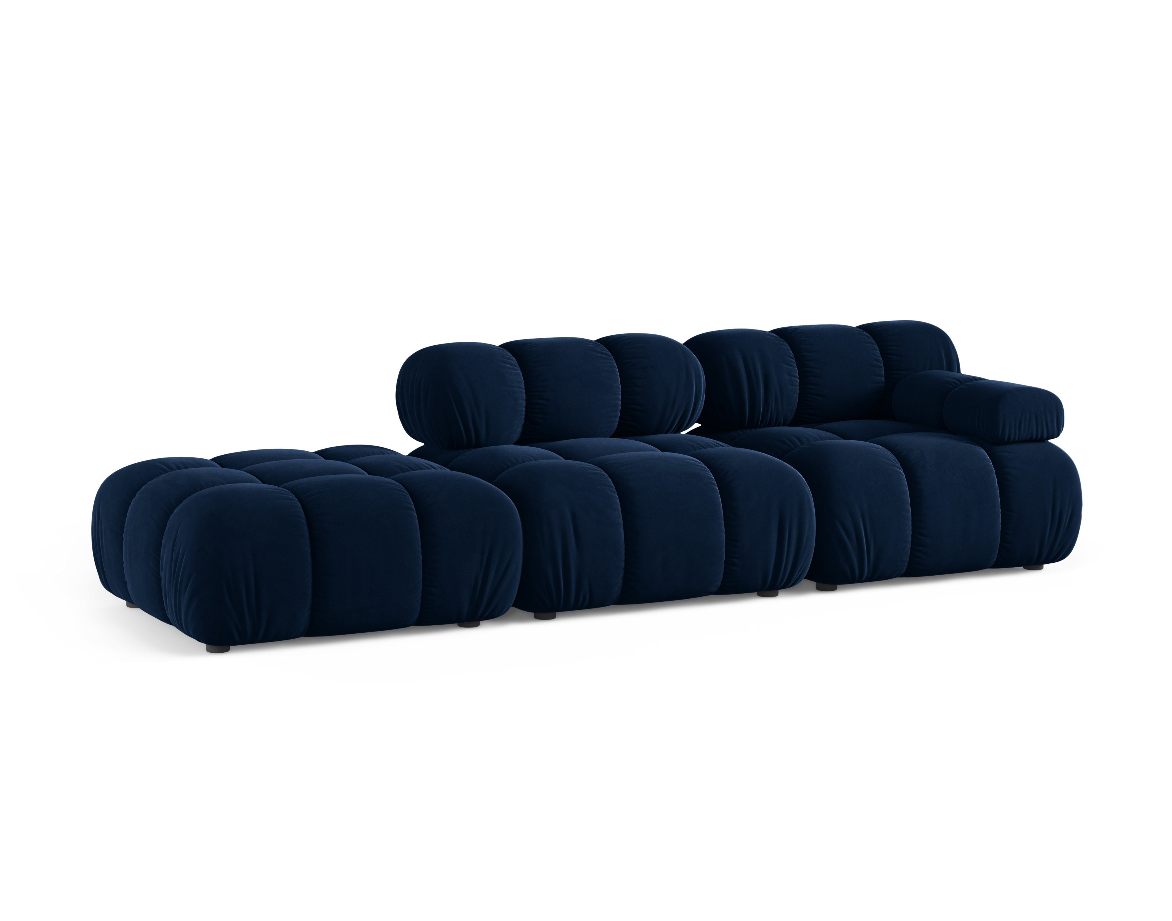 Open left-facing modular velvet sofa BELLIS in royal blue.