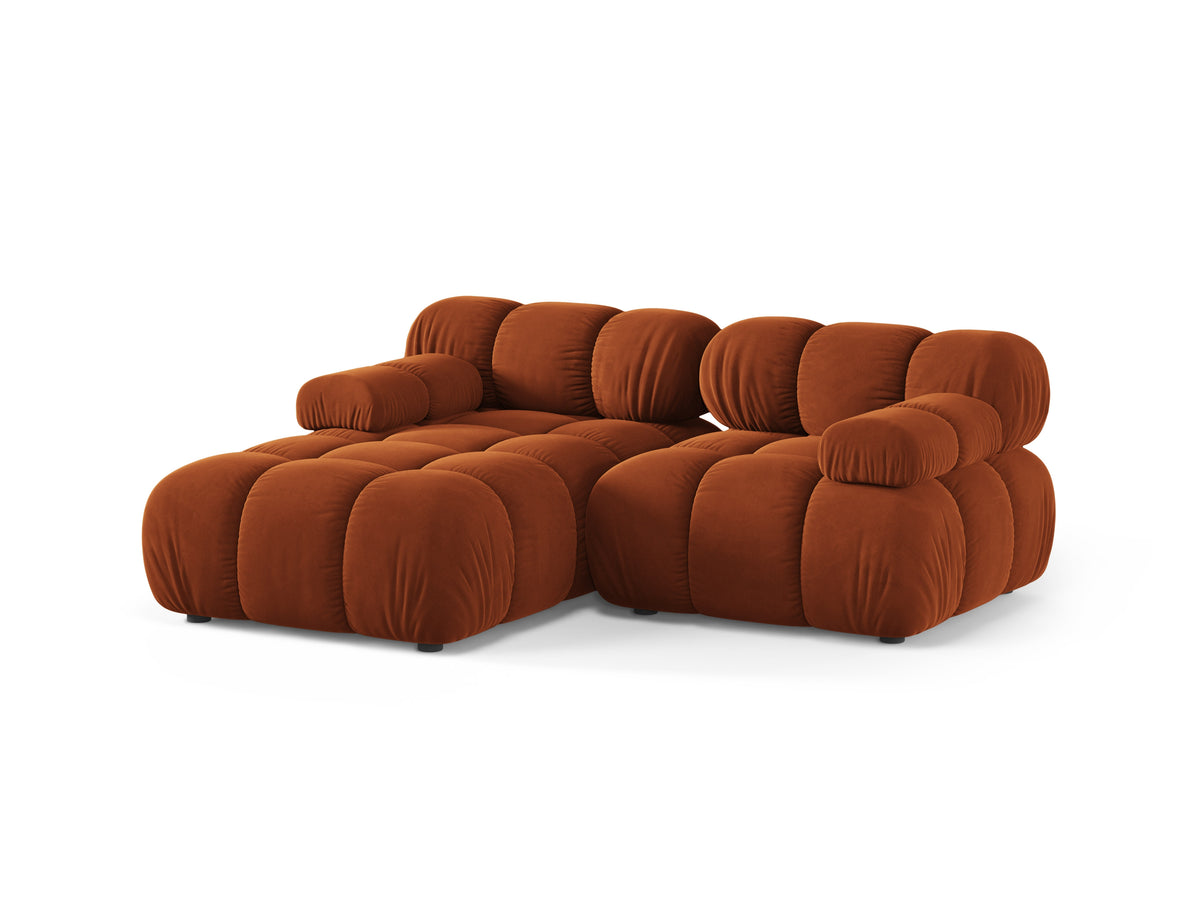 Velvet corner sofa for two, left-facing, BELLIS in brick red.