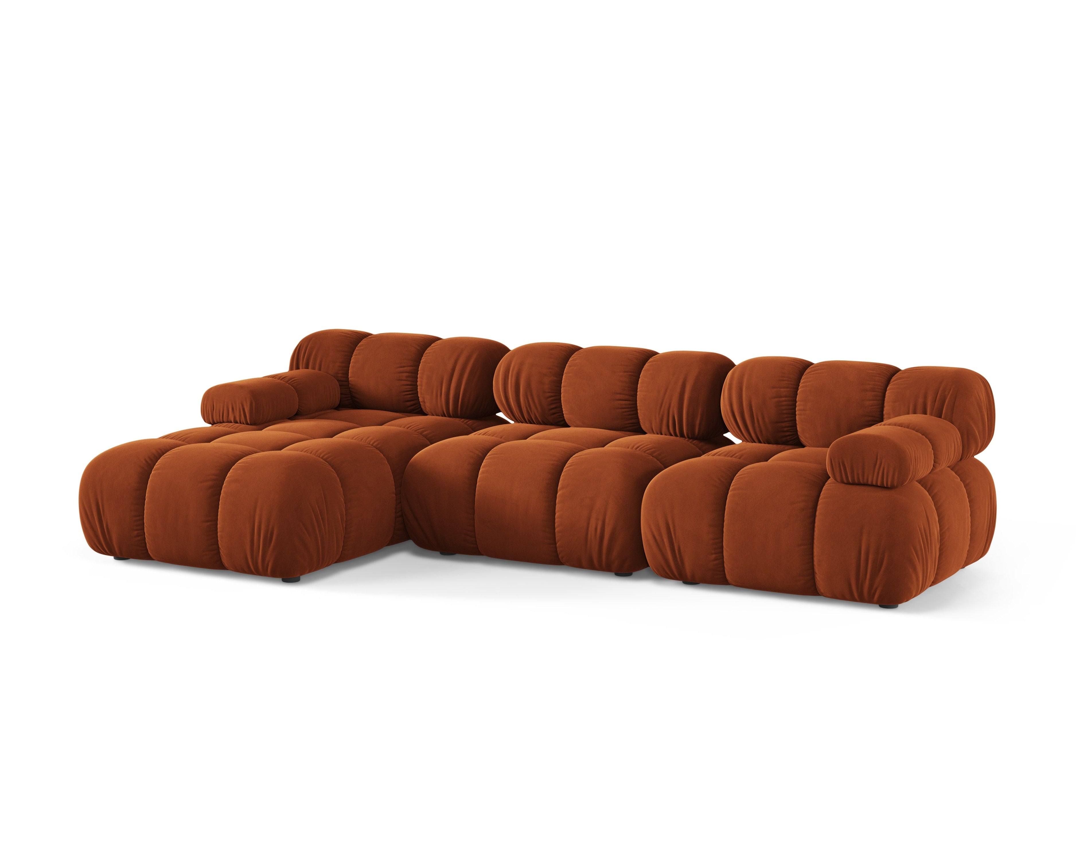 Velvet corner sofa for three people, left-facing, BELLIS in brick red.