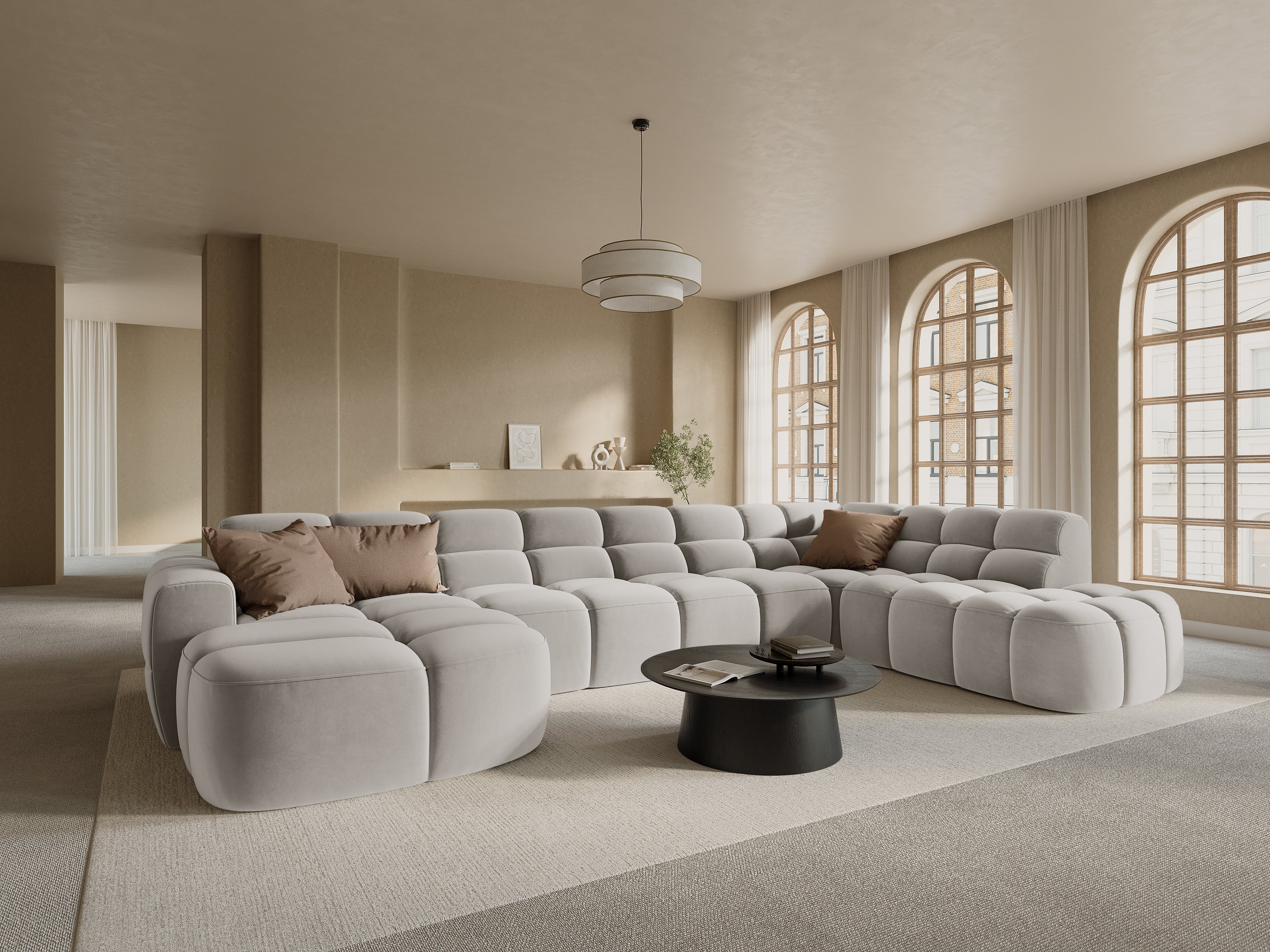 Right-facing panoramic corner sofa LISA light gray chenille