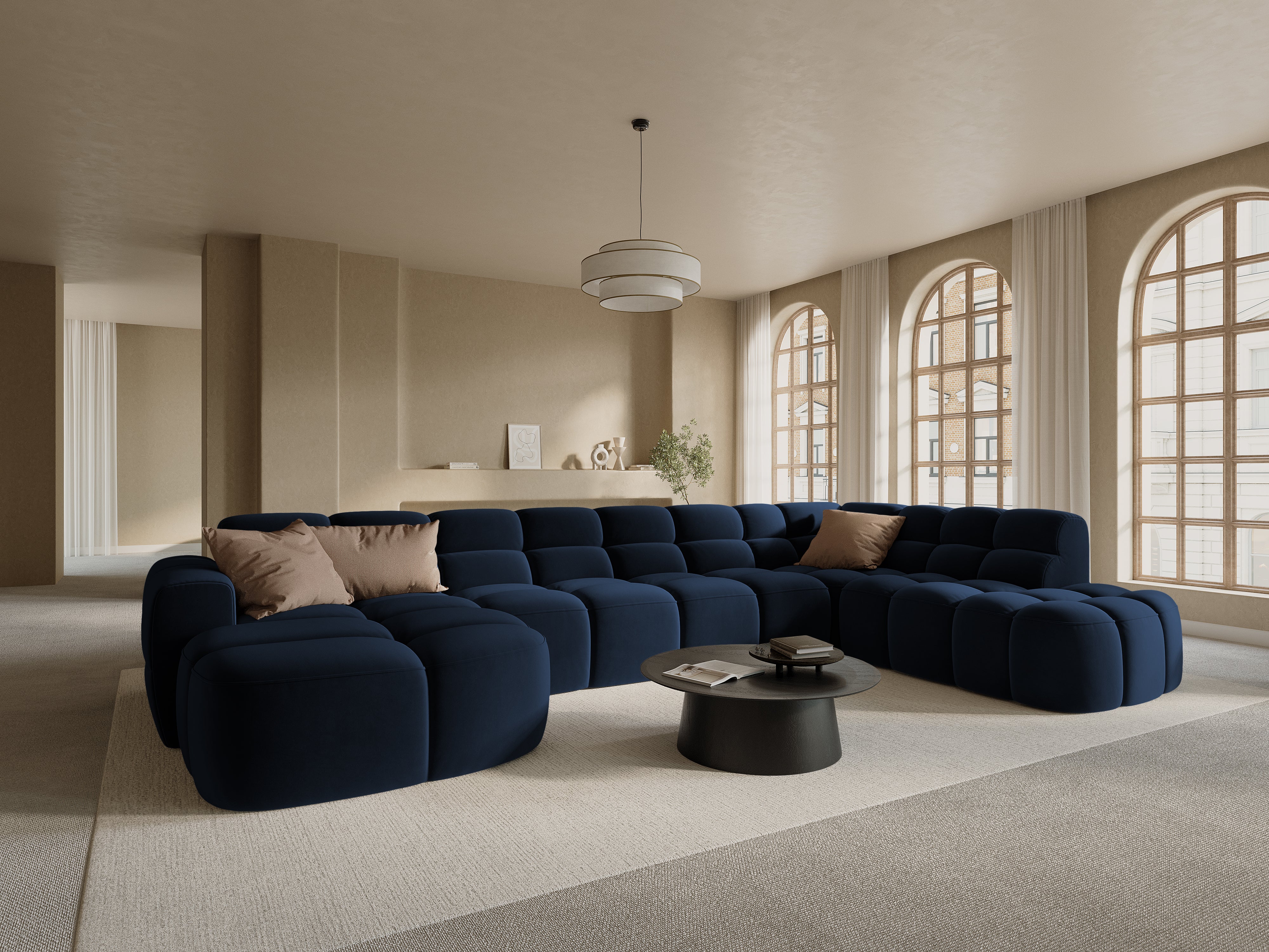 Right-facing panoramic corner sofa LISA dark blue chenille