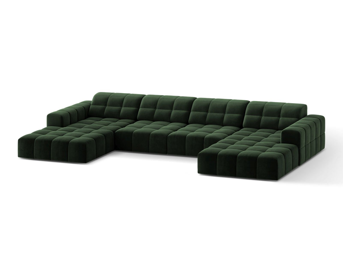 Sofa aksamitna panoramiczna 6-osobowa JENNIFER butelkowa zieleń Venus – ujęcie boczne