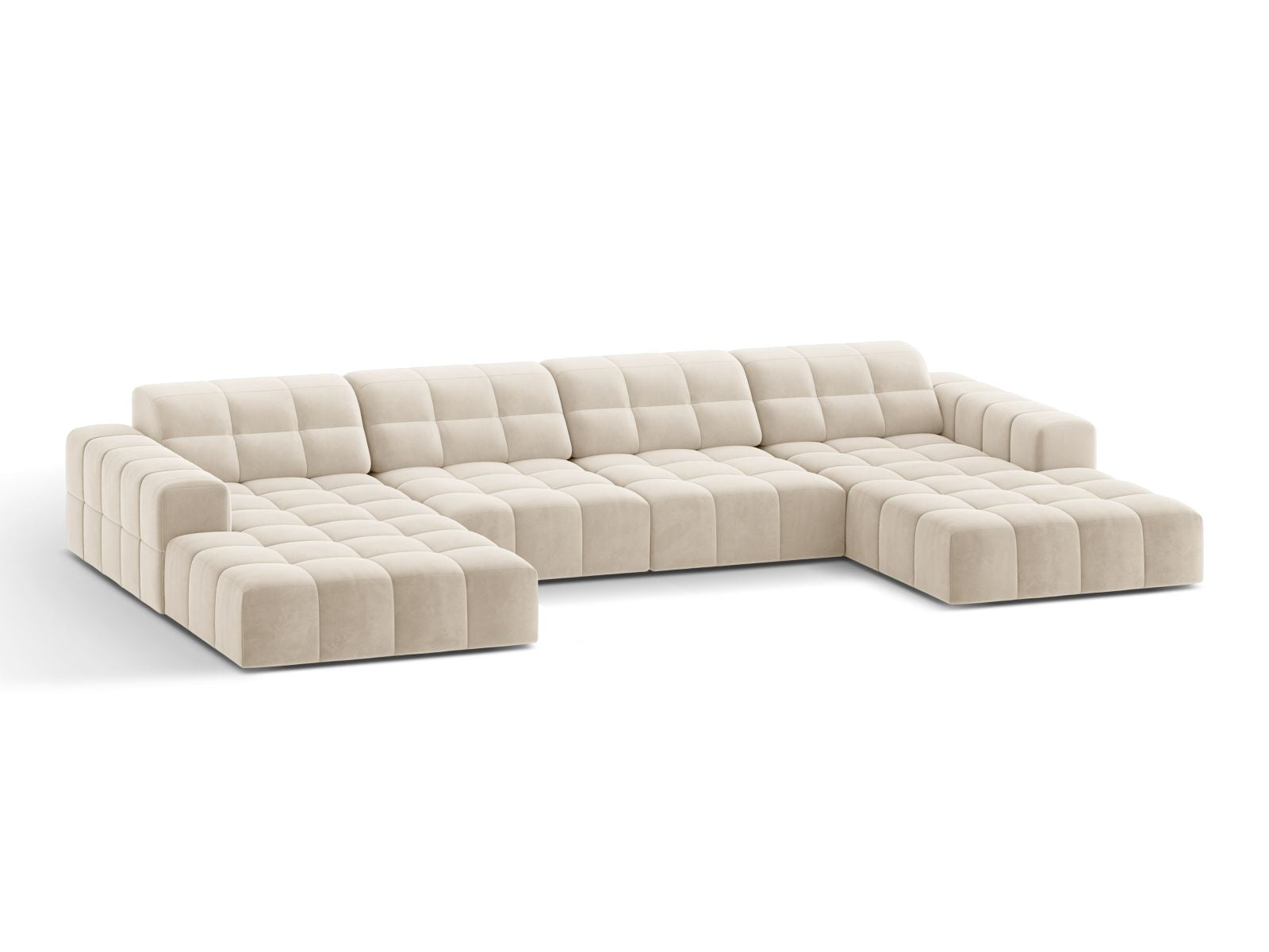 Sofa aksamitna panoramiczna 6-osobowa JENNIFER jasnobeżowy Bluvel – ujęcie boczne