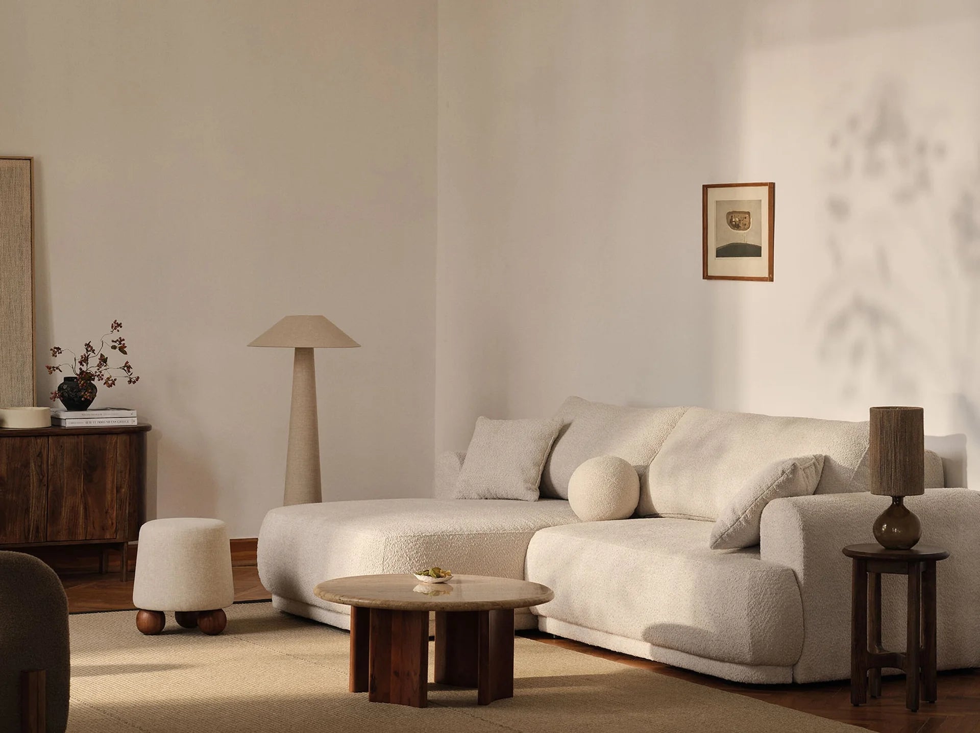 Right -sided corner with Ella light -beige boucle sleeping function