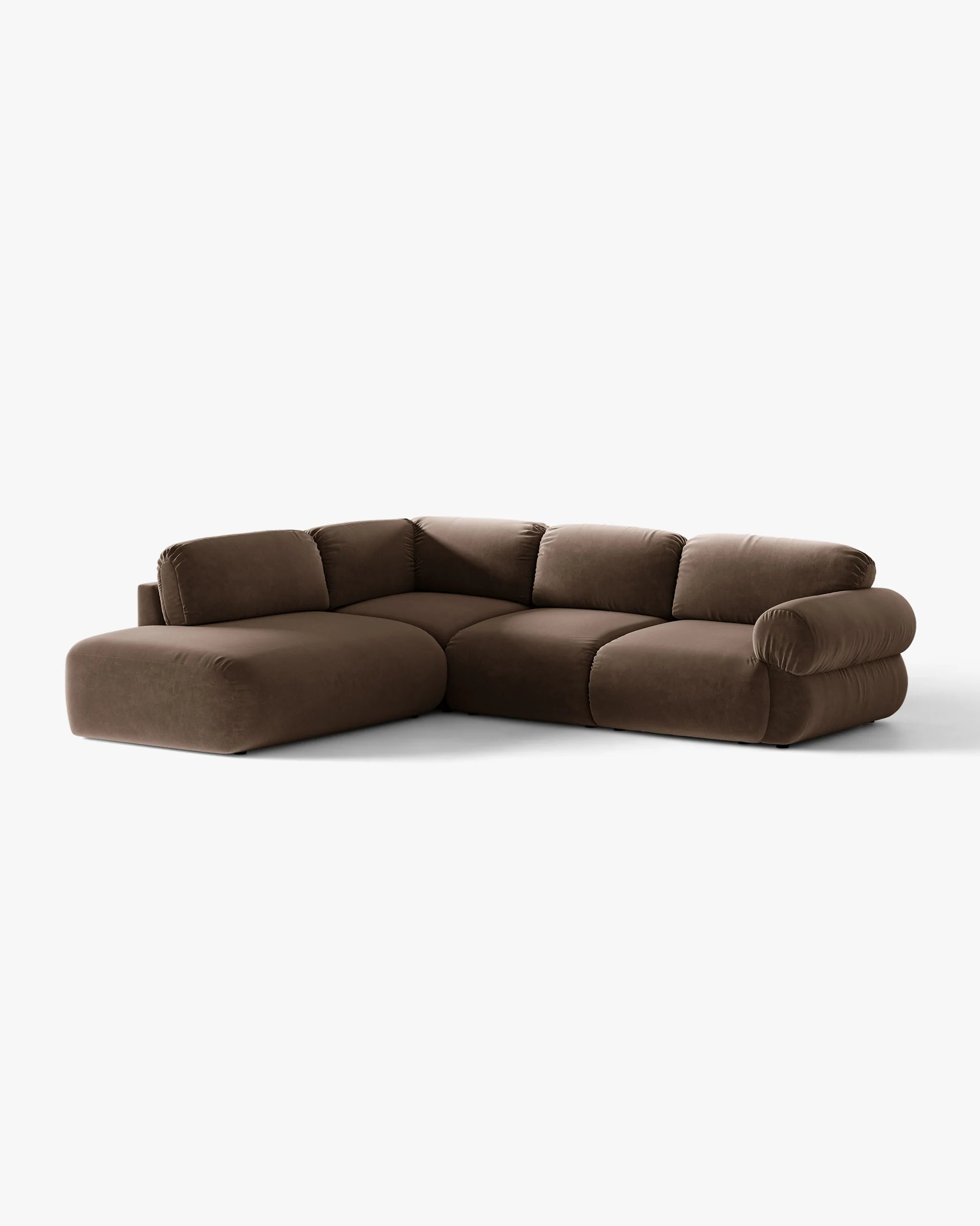 Velvet left-facing corner sofa OPHELIA in chocolate.